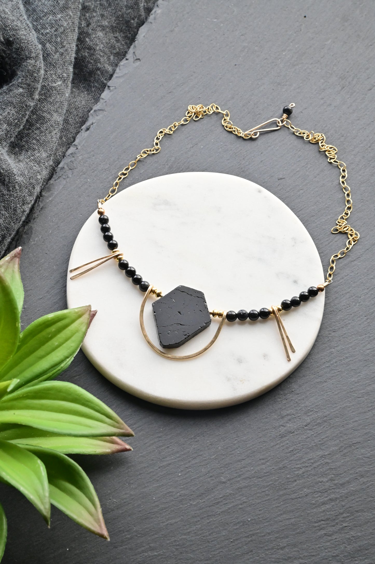 Hammered Hoops: Black Tourmaline + Gold Necklace