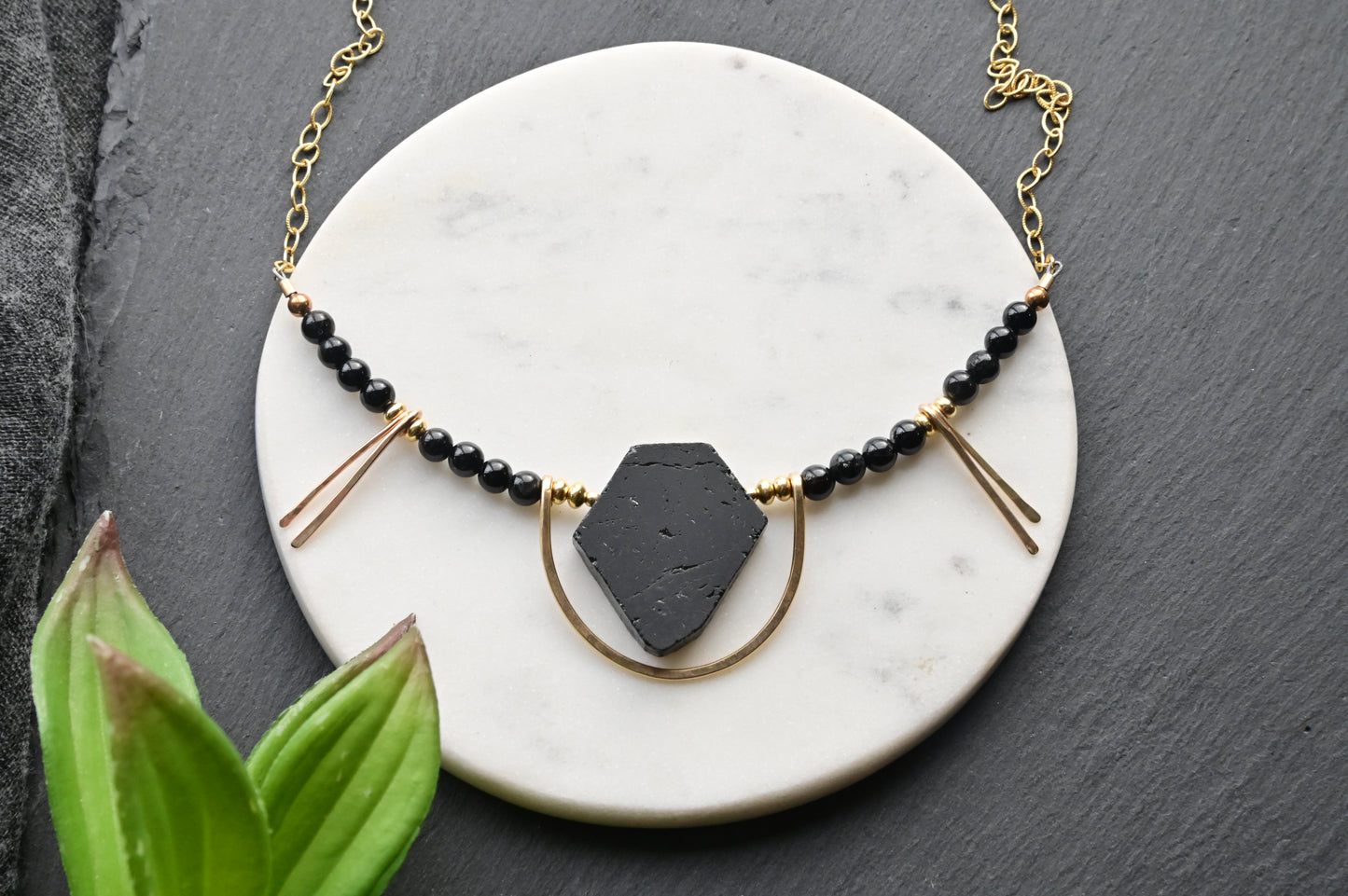 Hammered Hoops: Black Tourmaline + Gold Necklace