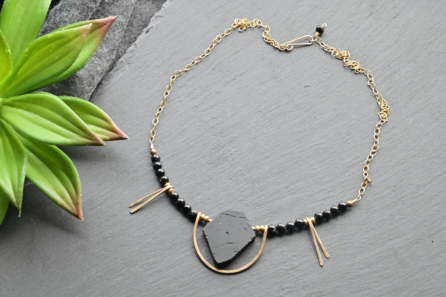 Hammered Hoops: Black Tourmaline + Gold Necklace