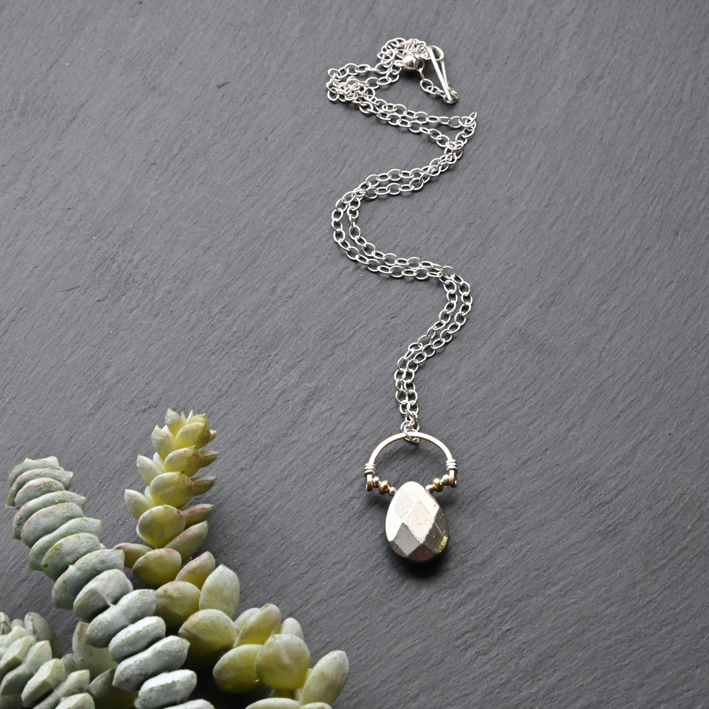 Hammered Hoops: Pyrite + Silver + Gold Necklace
