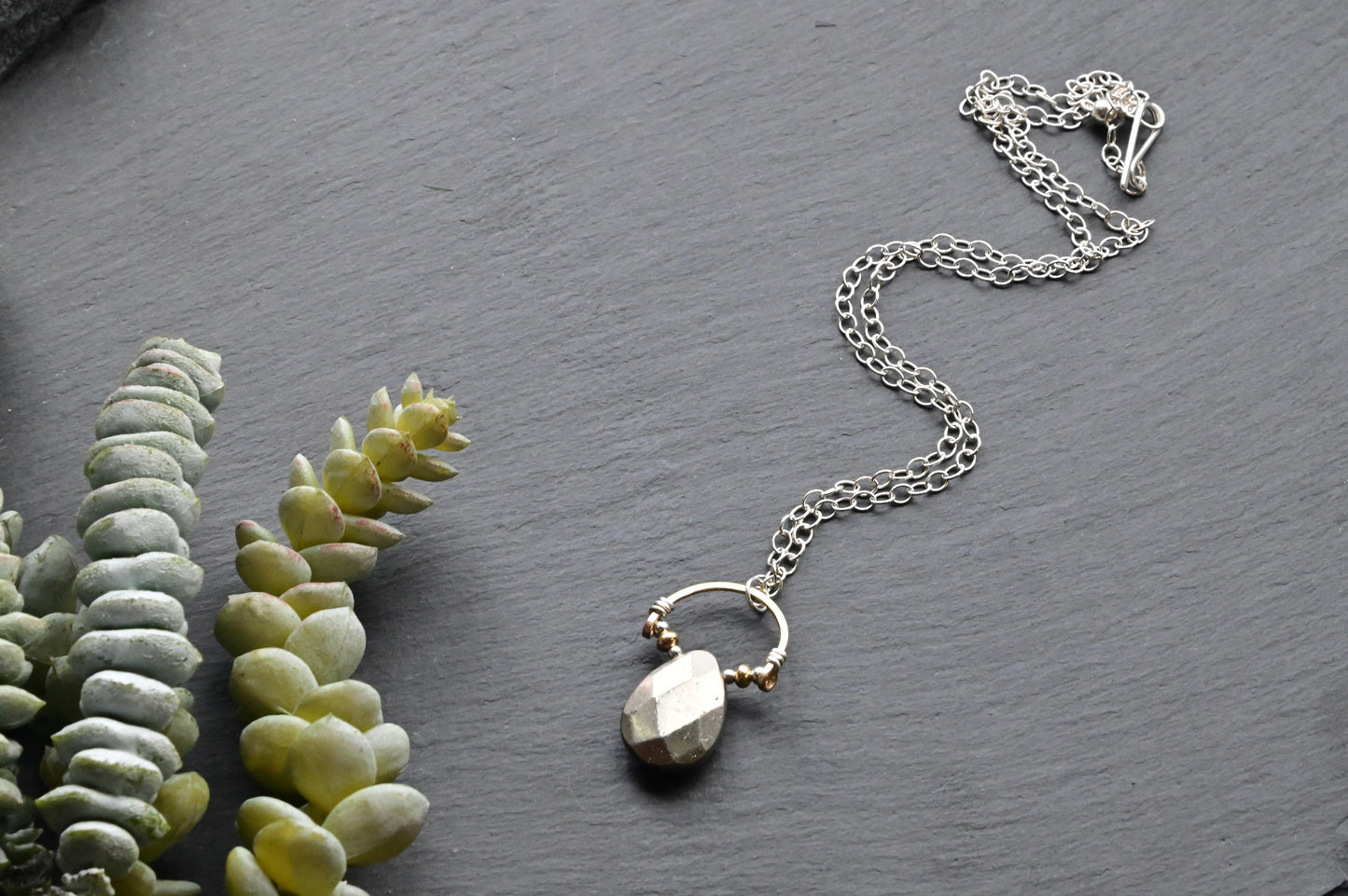 Hammered Hoops: Pyrite + Silver + Gold Necklace