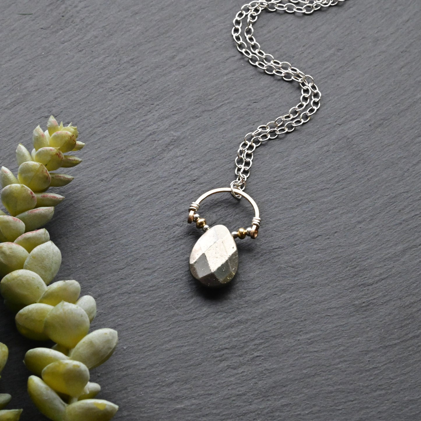 Hammered Hoops: Pyrite + Silver + Gold Necklace