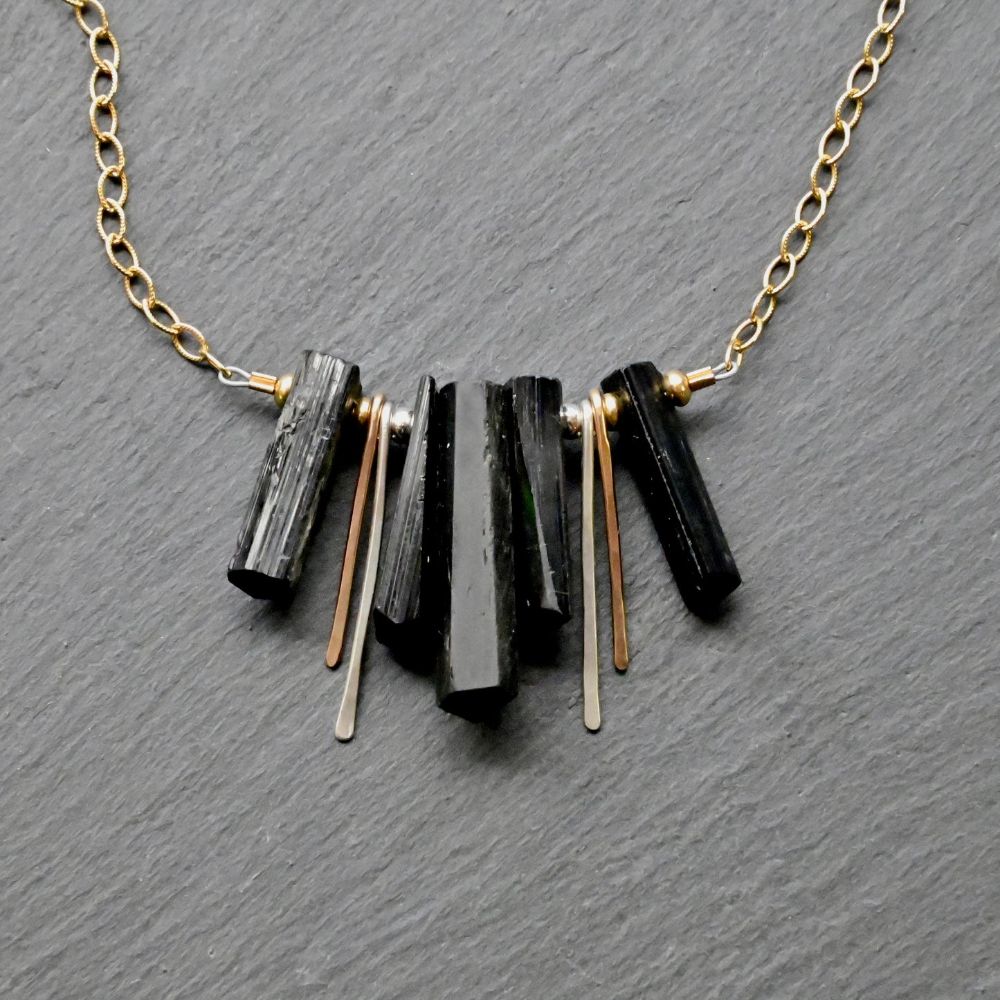 Sticks & Stones: Black Tourmaline + Gold + Silver Necklace