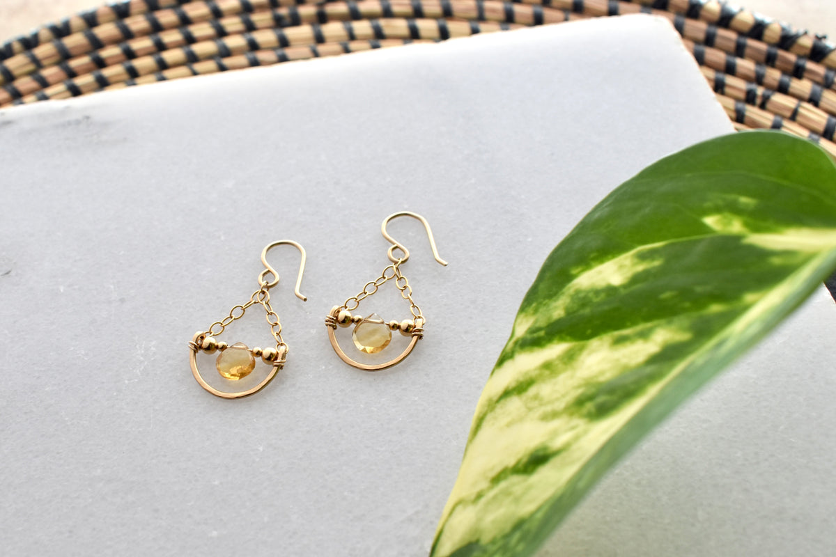 Hammered Hoops: Citrine + Gold Earrings