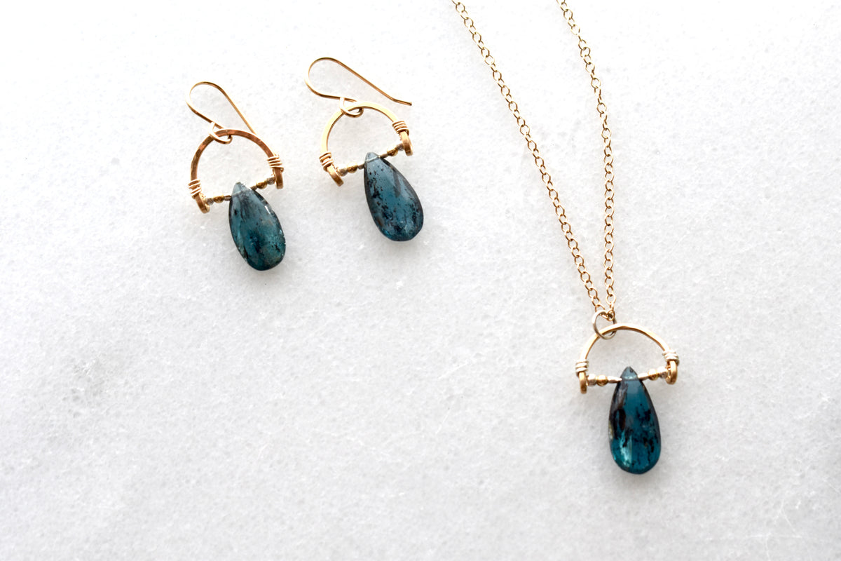 Hammered Hoops: Blue Kyanite + Mixed Metals Necklace & Earrings