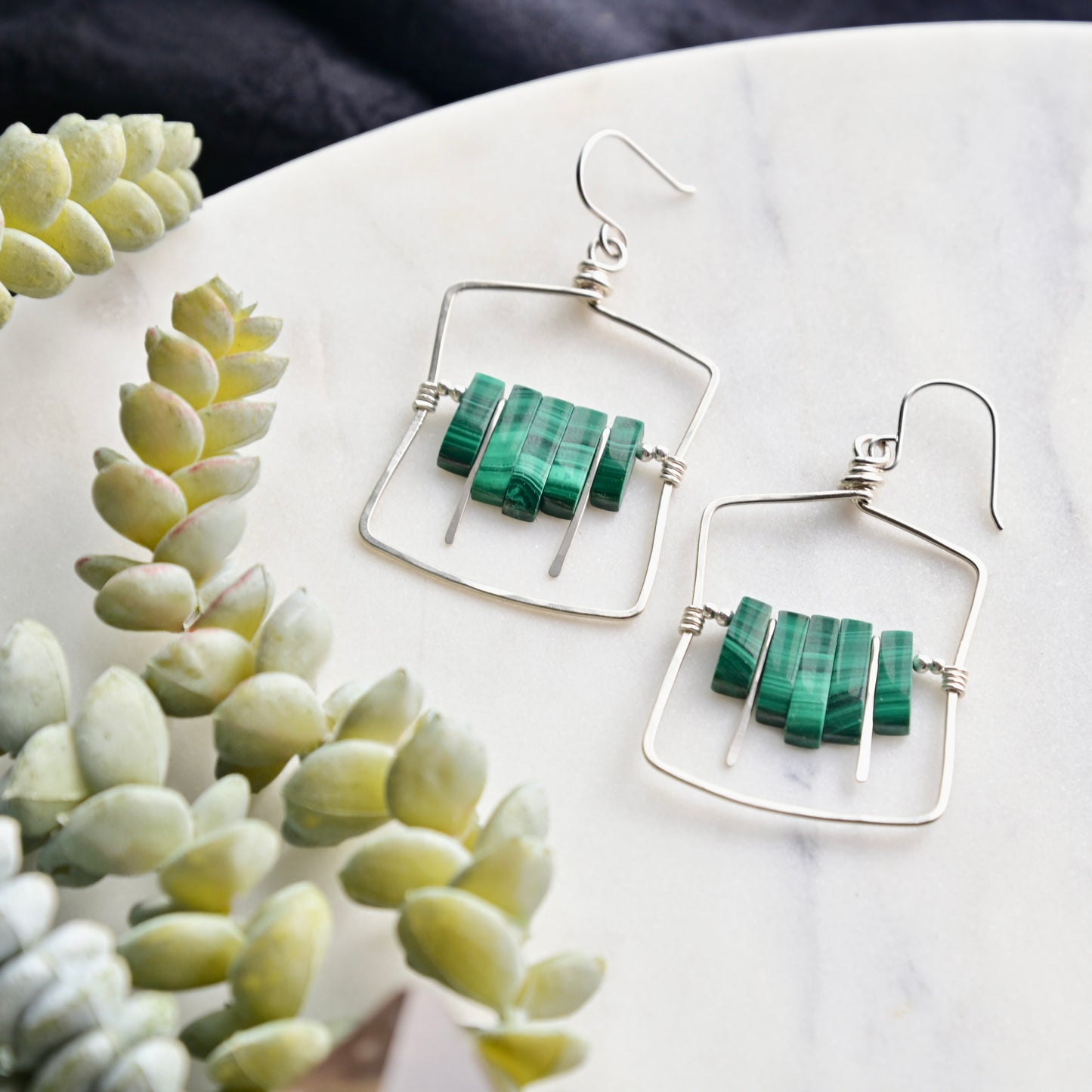 Hammered Hoops: Malachite + Silver Earrings