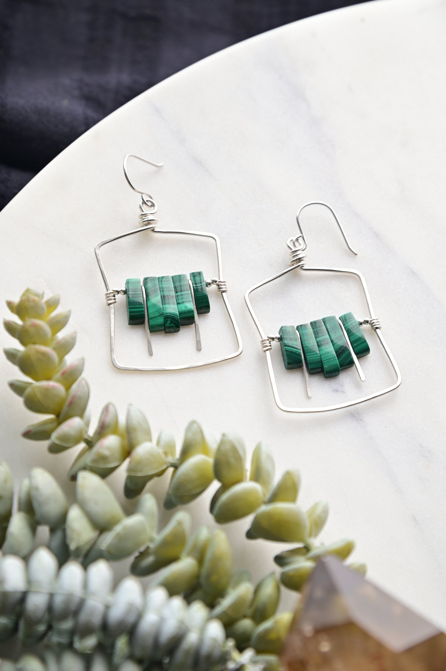 Hammered Hoops: Malachite + Silver Earrings