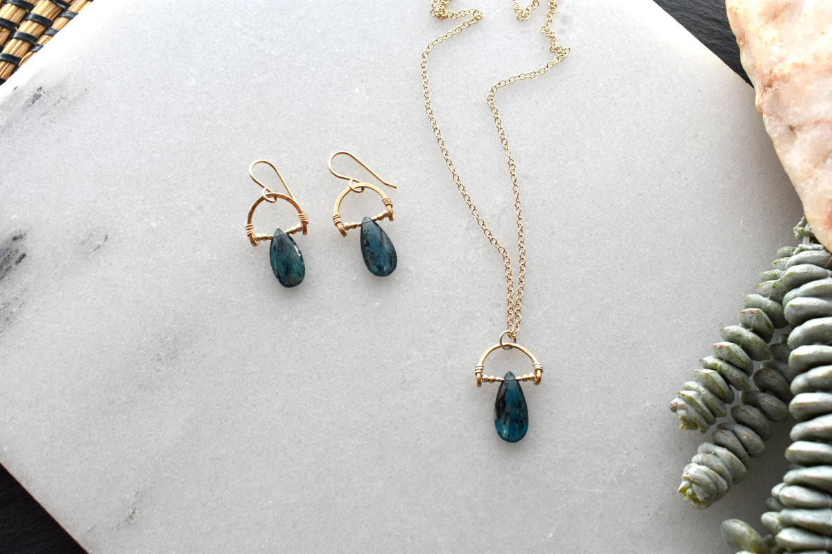 Hammered Hoops: Blue Kyanite + Mixed Metals Necklace & Earrings