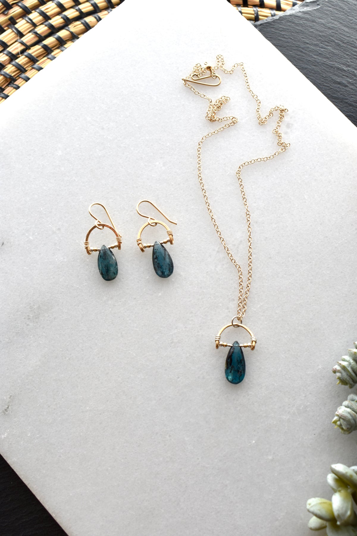 Hammered Hoops: Blue Kyanite + Mixed Metals Necklace & Earrings