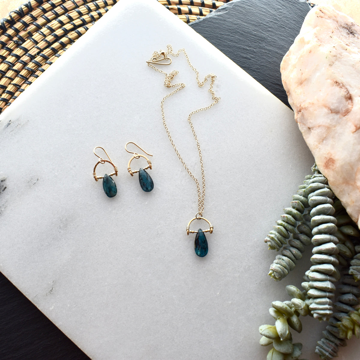 Hammered Hoops: Blue Kyanite + Mixed Metals Necklace & Earrings