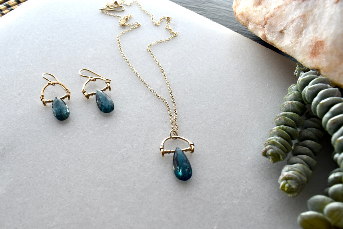Hammered Hoops: Blue Kyanite + Mixed Metals Necklace & Earrings
