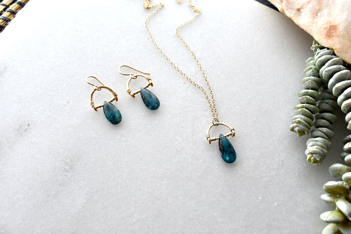 Hammered Hoops: Blue Kyanite + Mixed Metals Necklace & Earrings