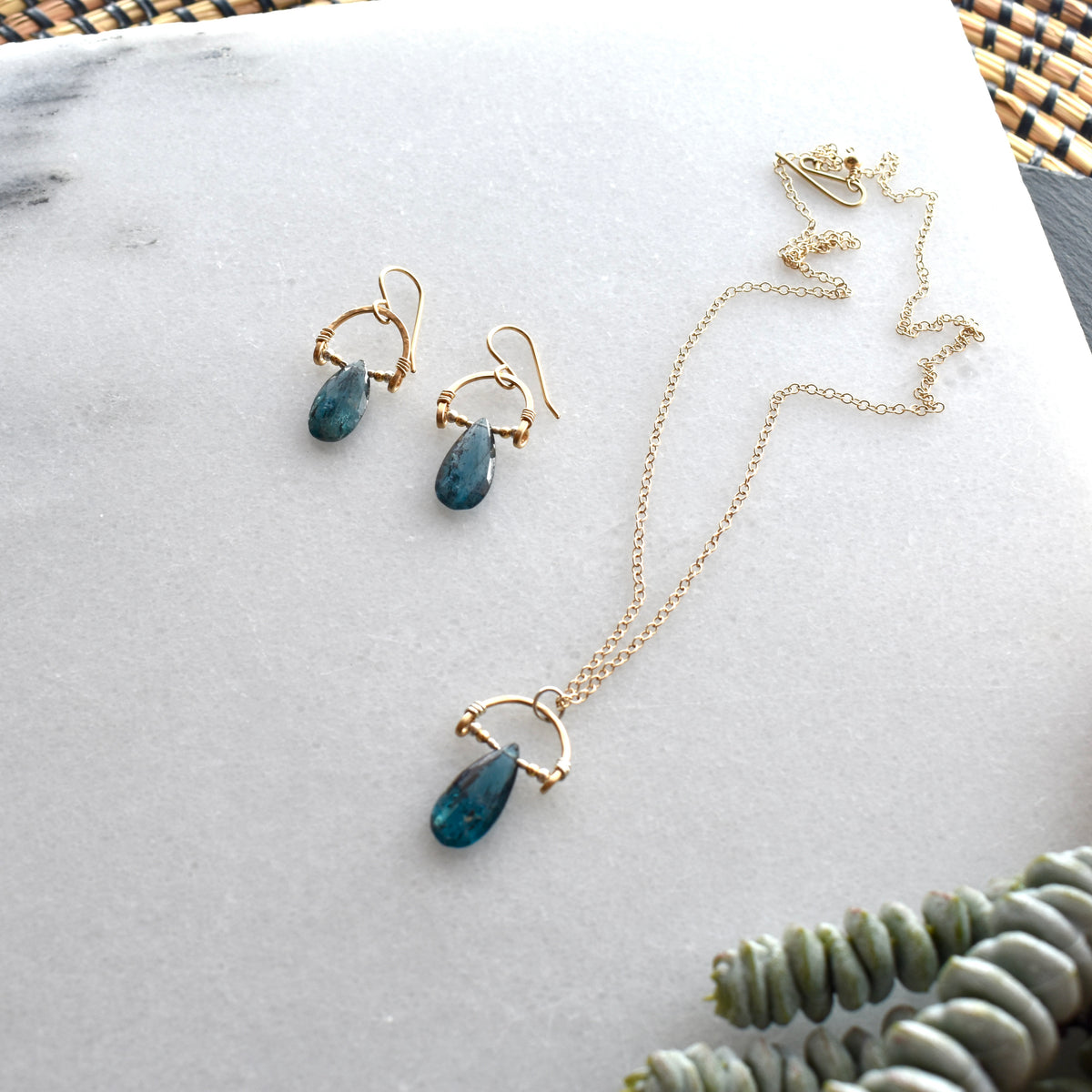 Hammered Hoops: Blue Kyanite + Mixed Metals Necklace & Earrings