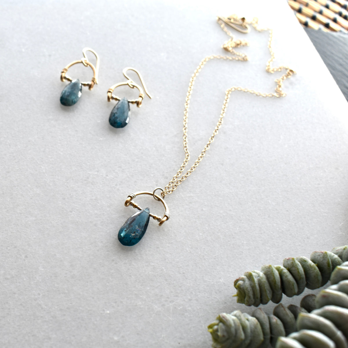Hammered Hoops: Blue Kyanite + Mixed Metals Necklace & Earrings