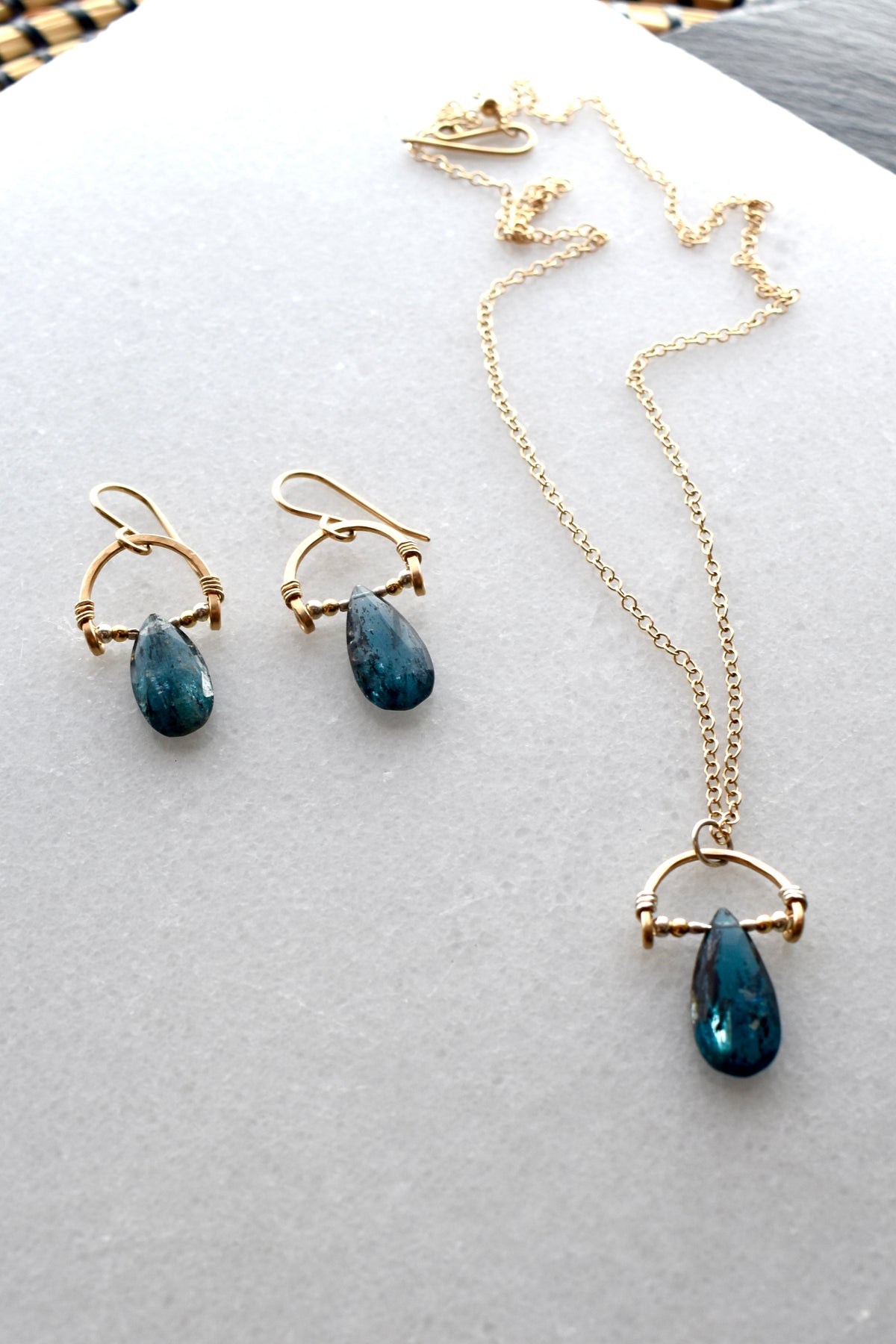 Hammered Hoops: Blue Kyanite + Mixed Metals Necklace & Earrings
