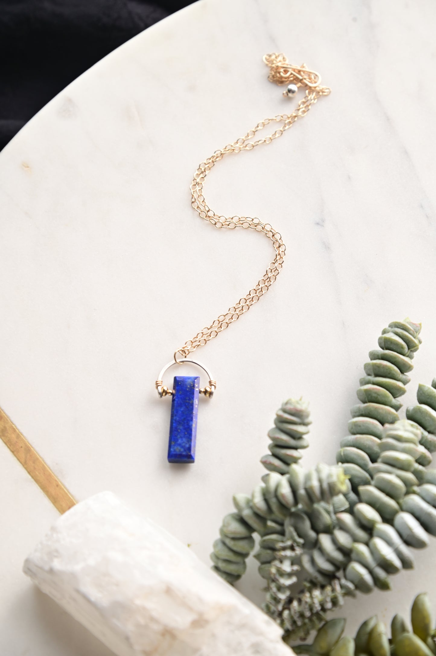 Hammered Hoops: Lapis Lazuli + Gold Necklace