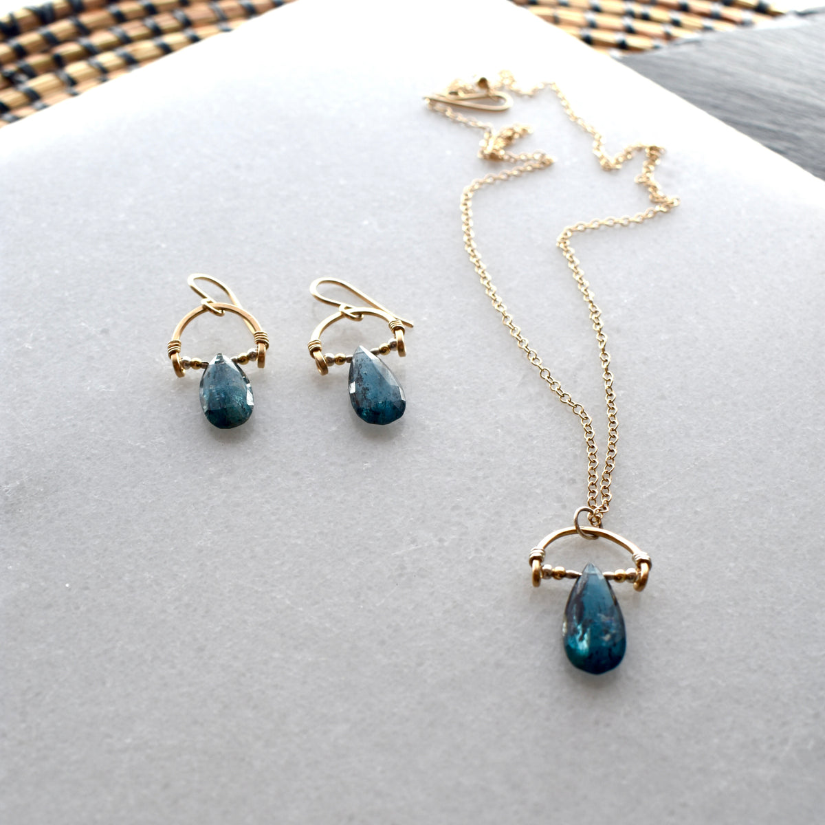 Hammered Hoops: Blue Kyanite + Mixed Metals Necklace & Earrings