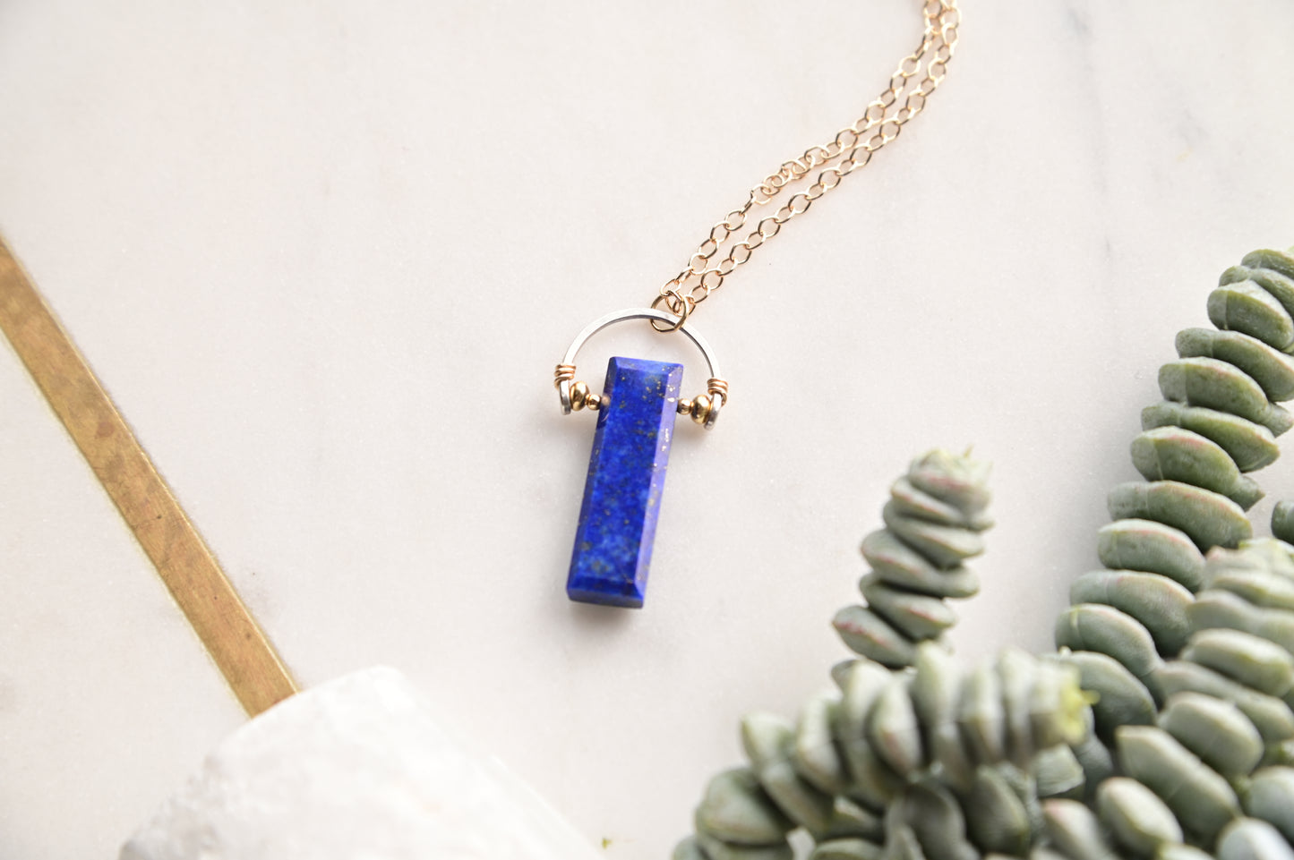 Hammered Hoops: Lapis Lazuli + Gold Necklace