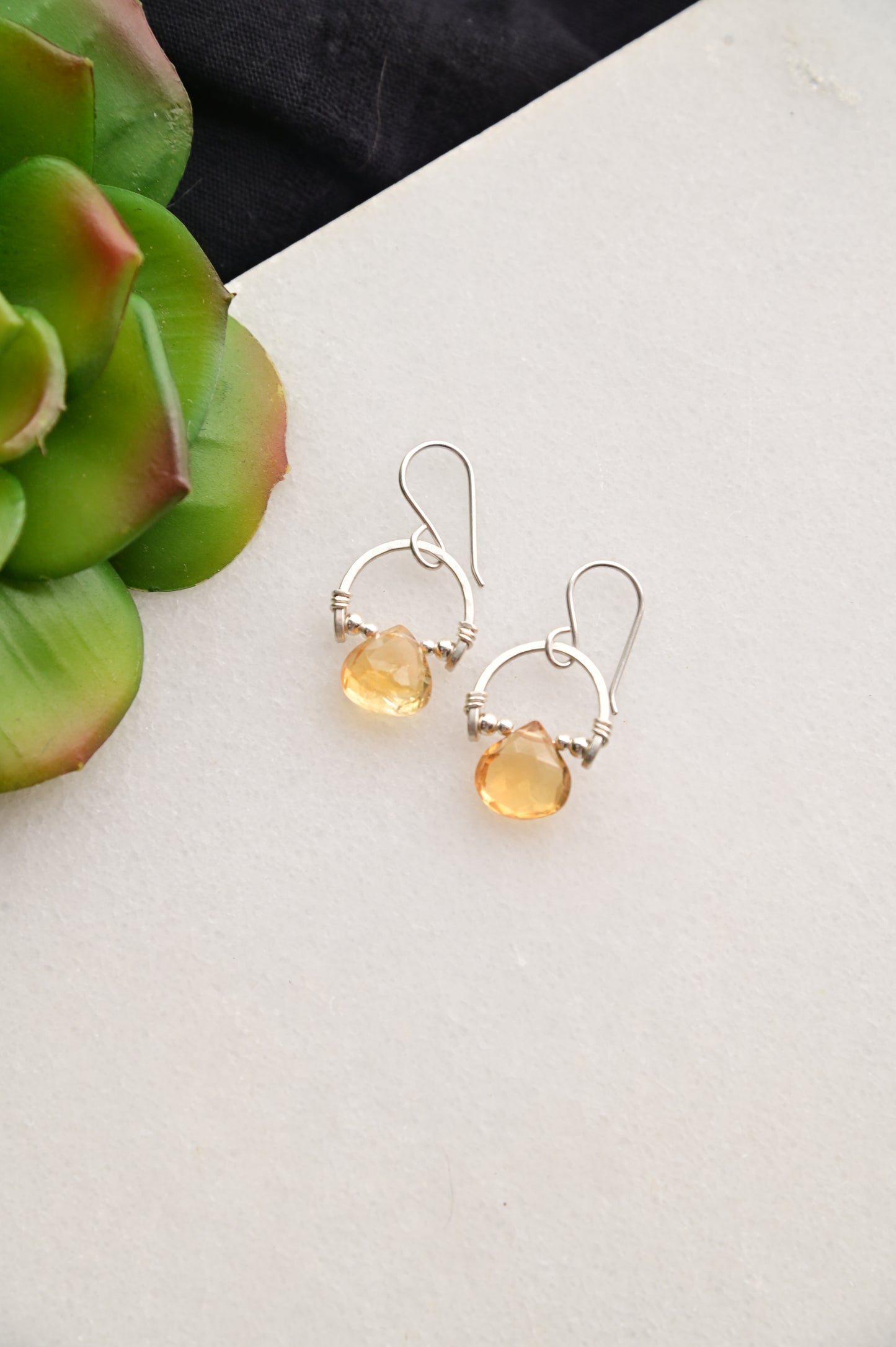 Hammered Hoops: Citrine + Silver Earrings