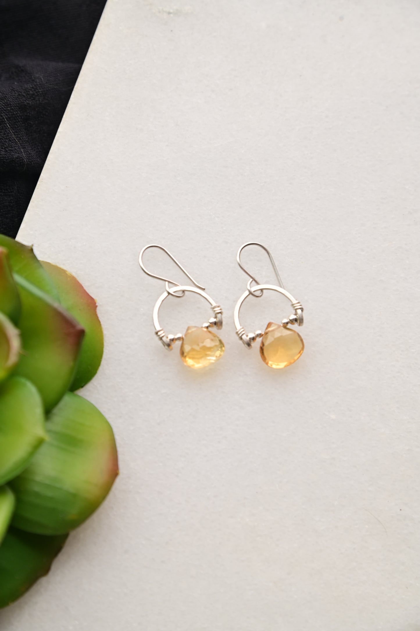 Hammered Hoops: Citrine + Silver Earrings