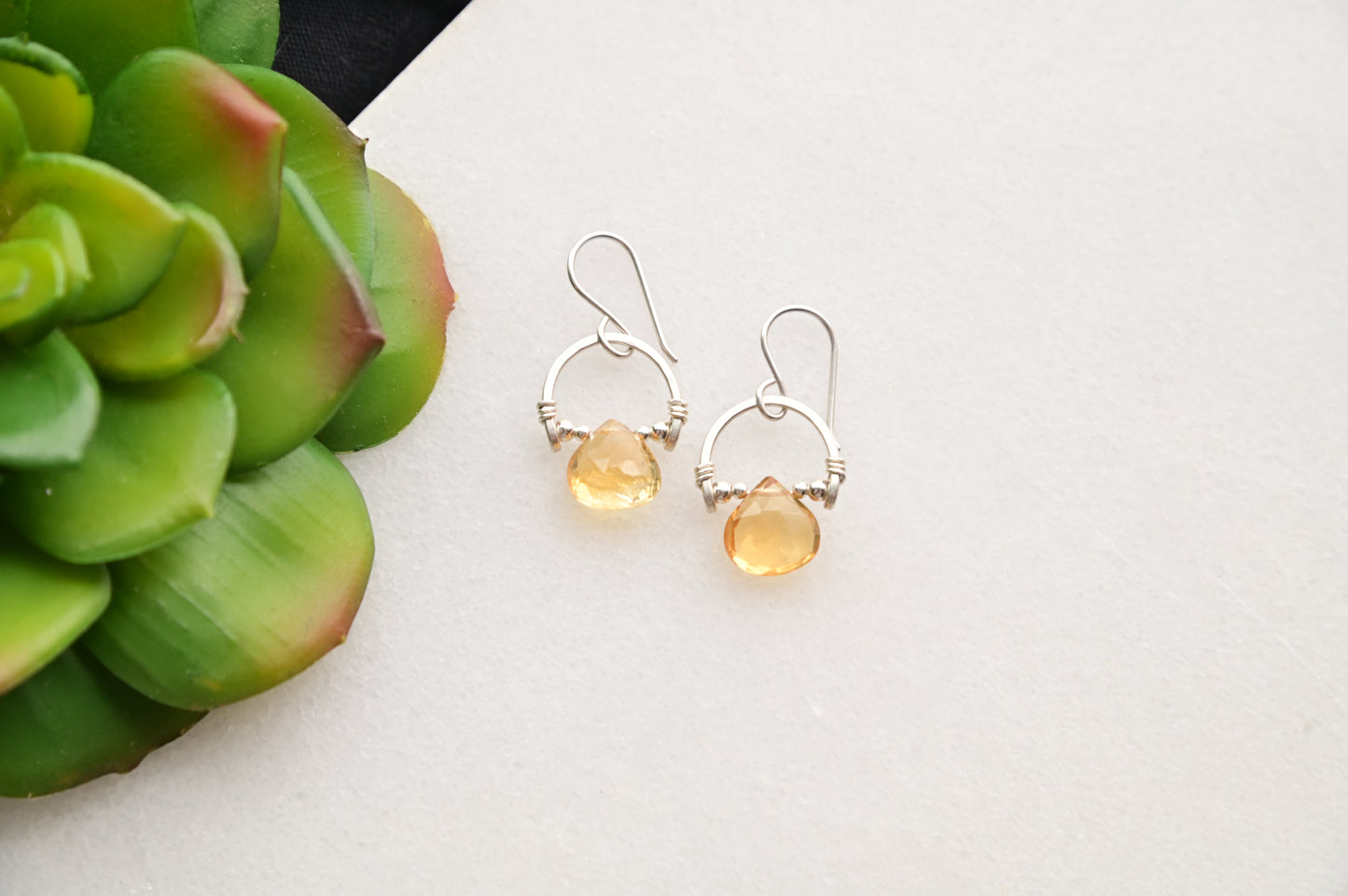 Hammered Hoops: Citrine + Silver Earrings