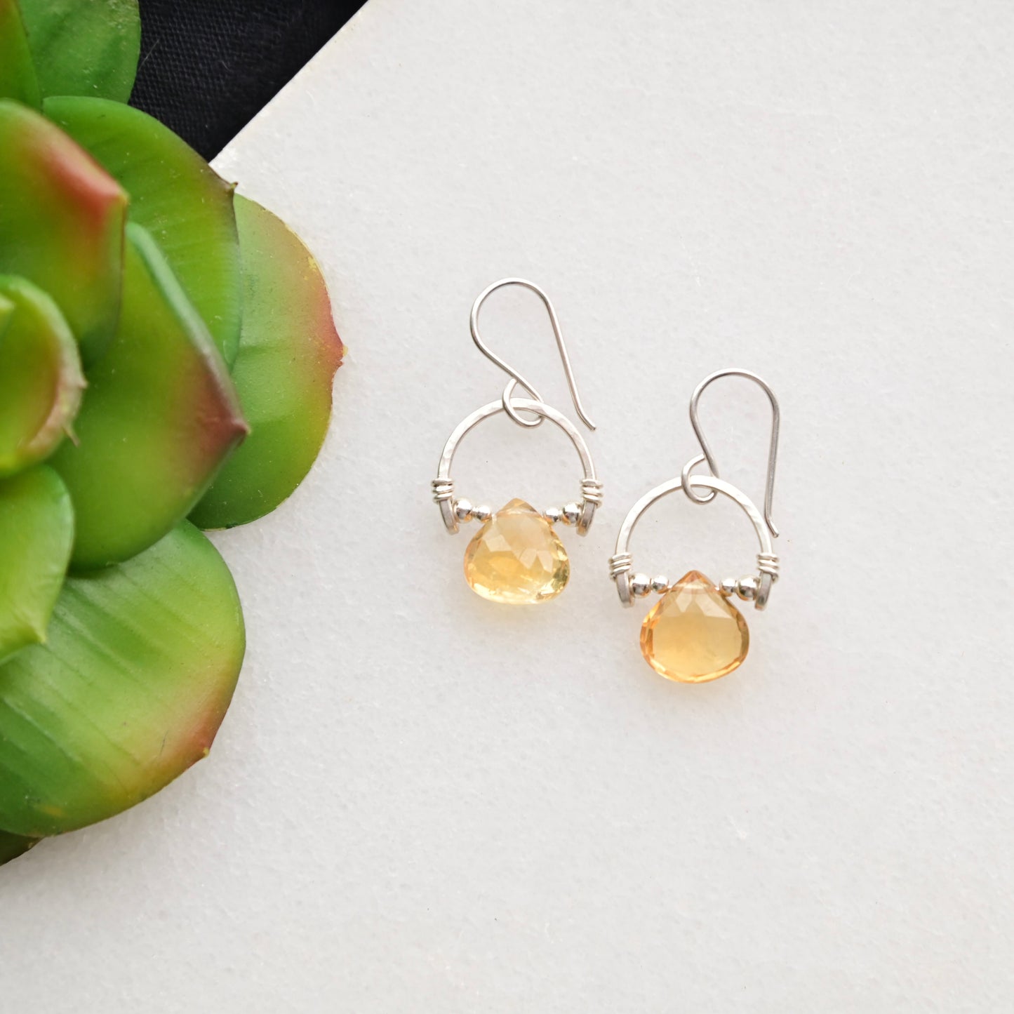Hammered Hoops: Citrine + Silver Earrings