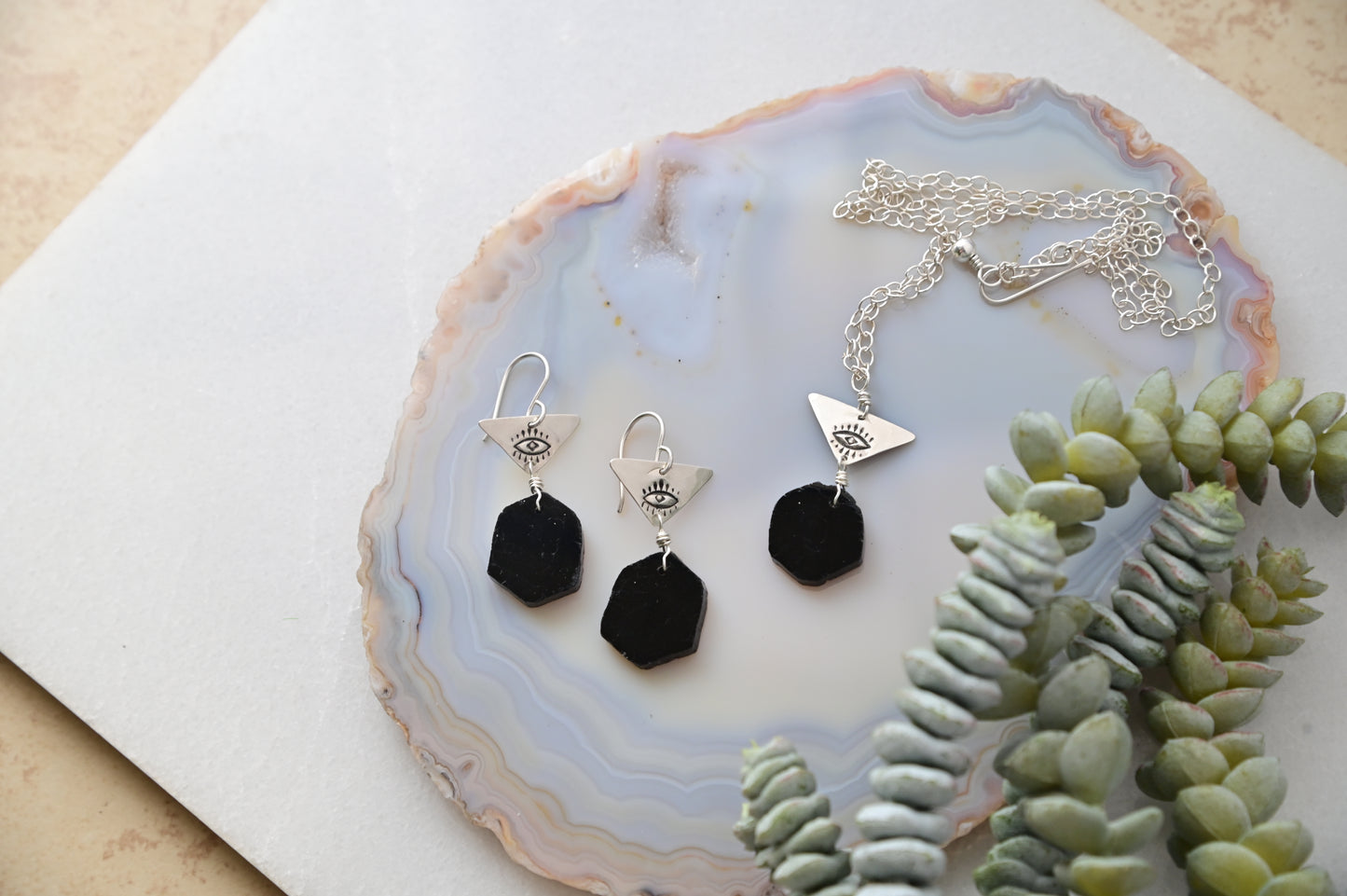Silver Elements: Black Tourmaline Necklace + Earrings