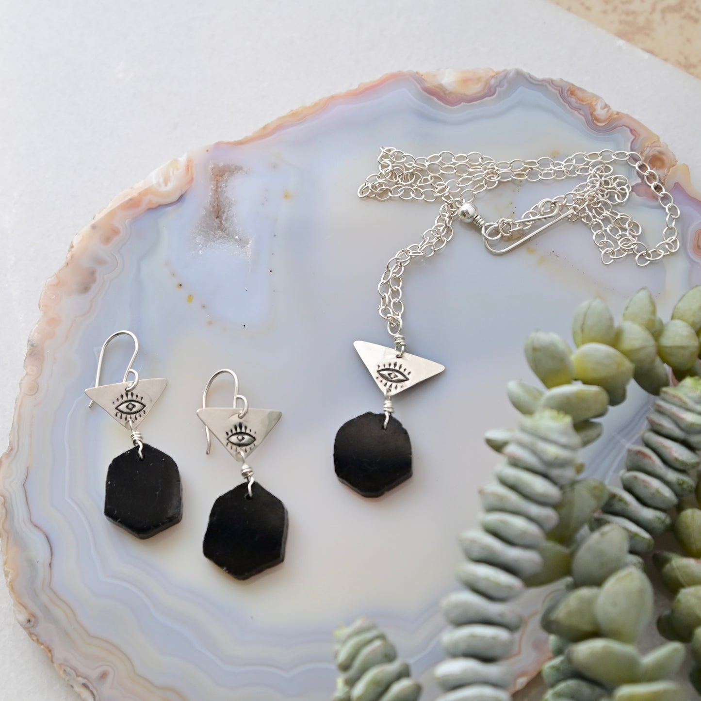 Silver Elements: Black Tourmaline Necklace + Earrings