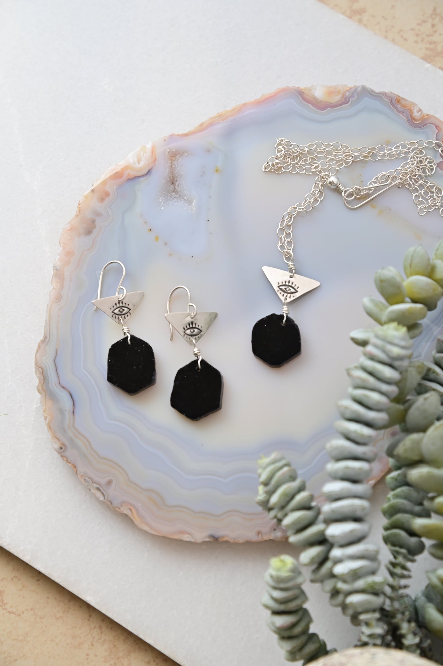 Silver Elements: Black Tourmaline Necklace + Earrings