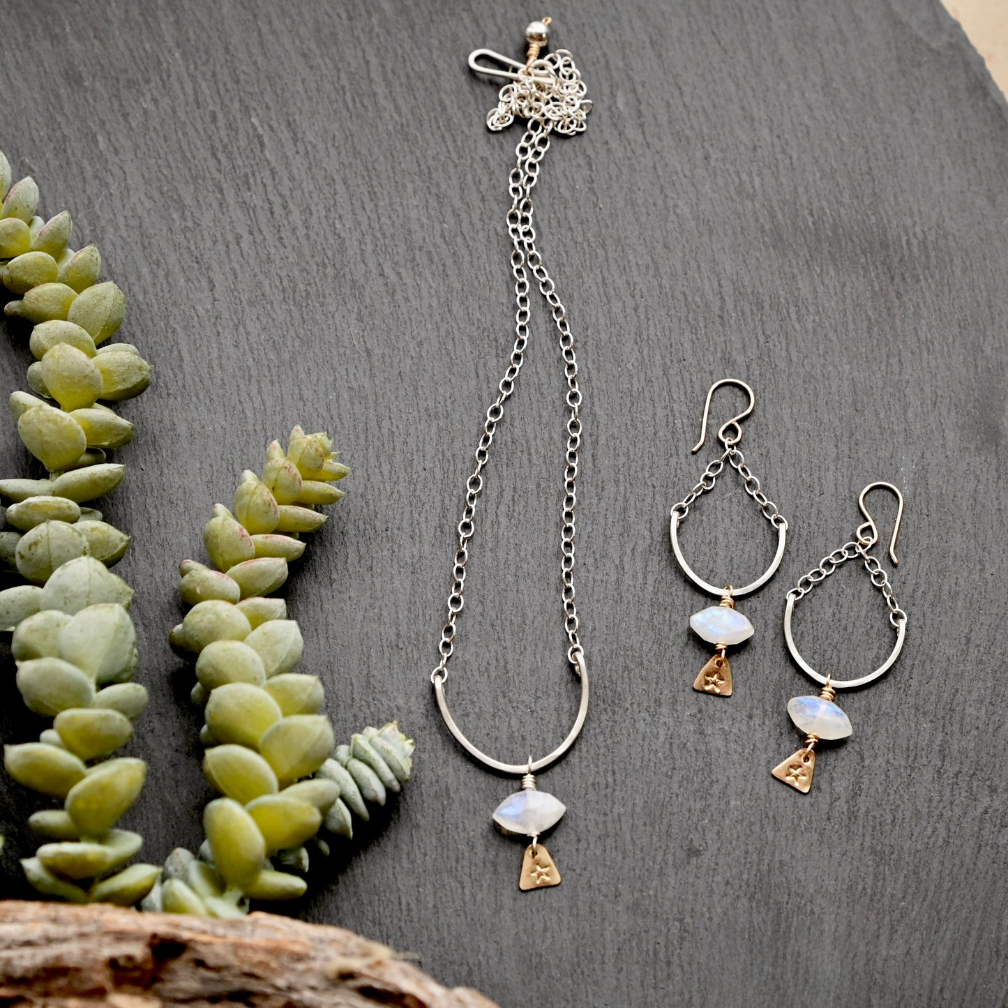 Hammered Hoops: Moonstone + Mixed Metals Necklace + Earrings