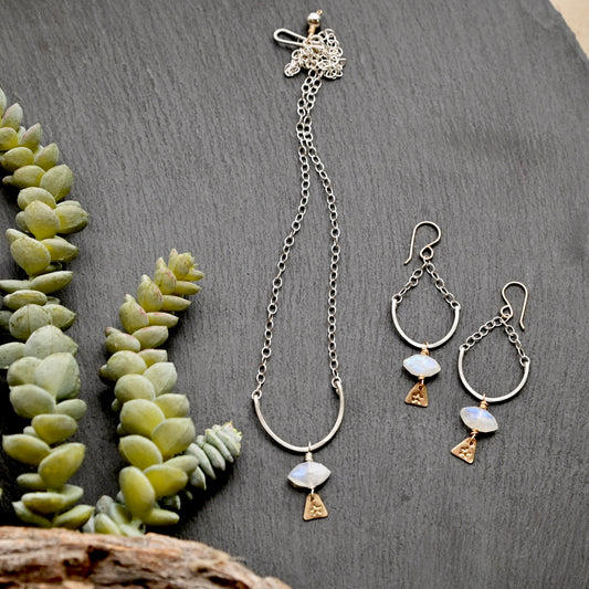 Hammered Hoops: Moonstone + Mixed Metals Necklace + Earrings