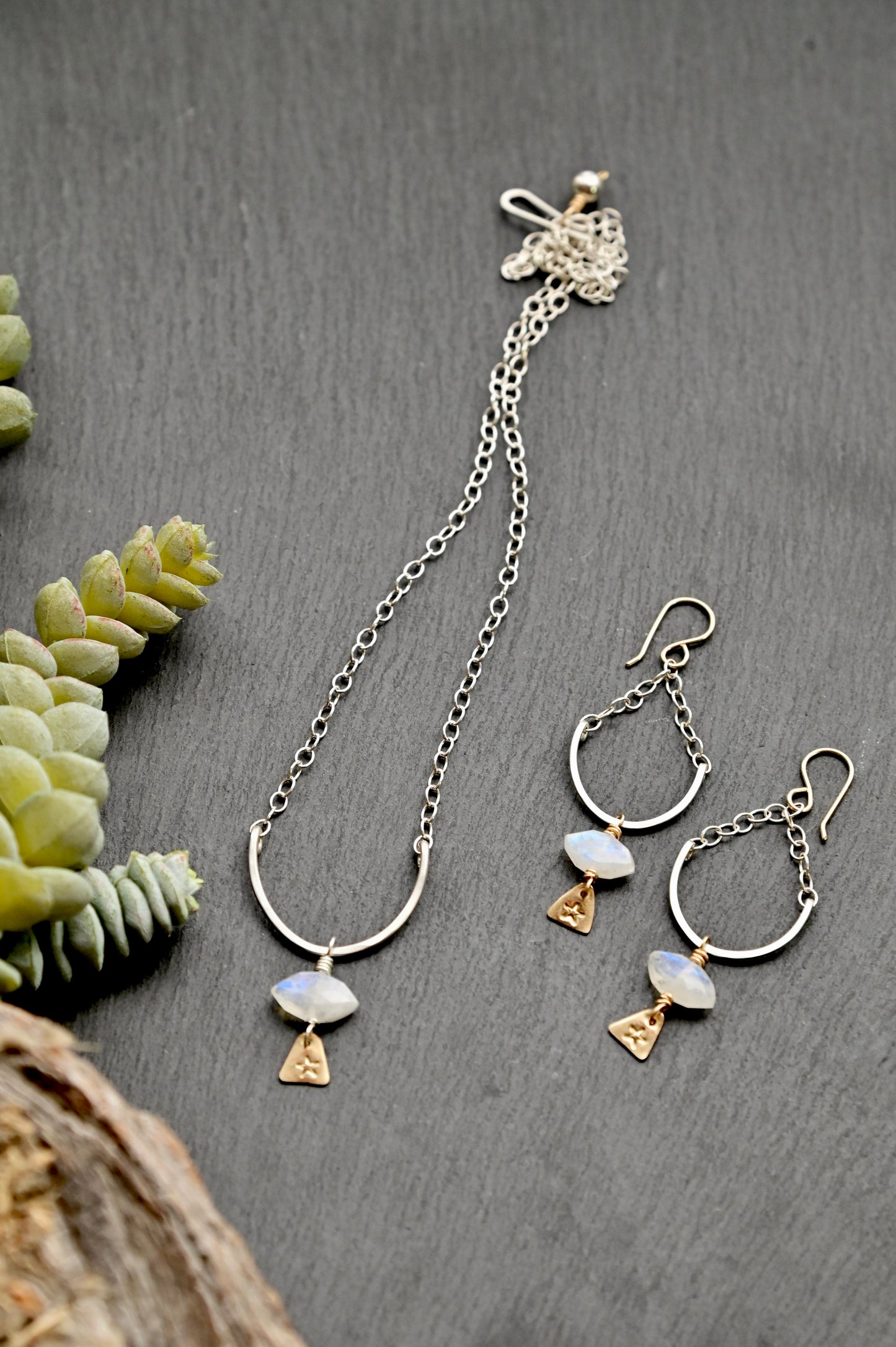 Hammered Hoops: Moonstone + Mixed Metals Necklace + Earrings