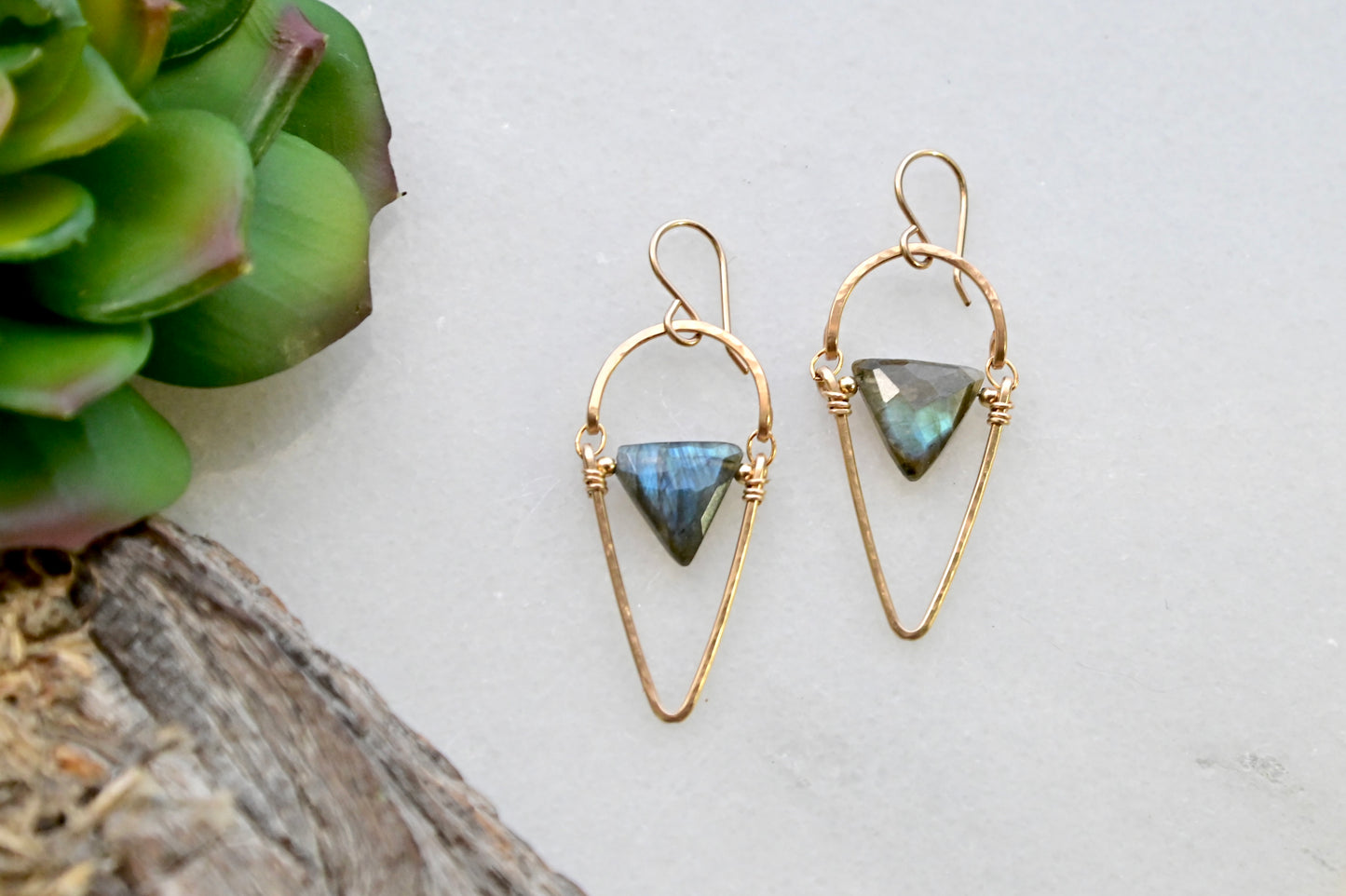 Hammered Hoops: Labradorite + Gold Earrings