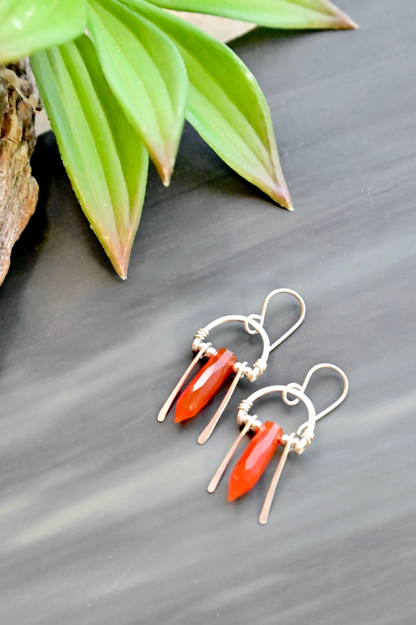 Hammered Hoops: Carnelian + Silver Earrings
