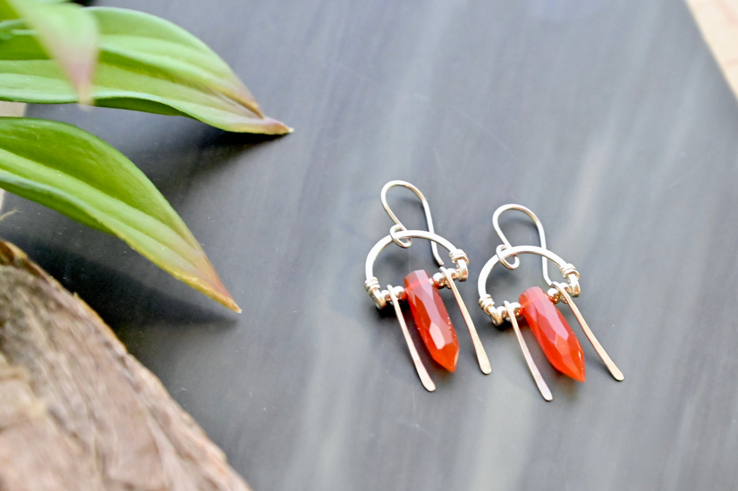Hammered Hoops: Carnelian + Silver Earrings