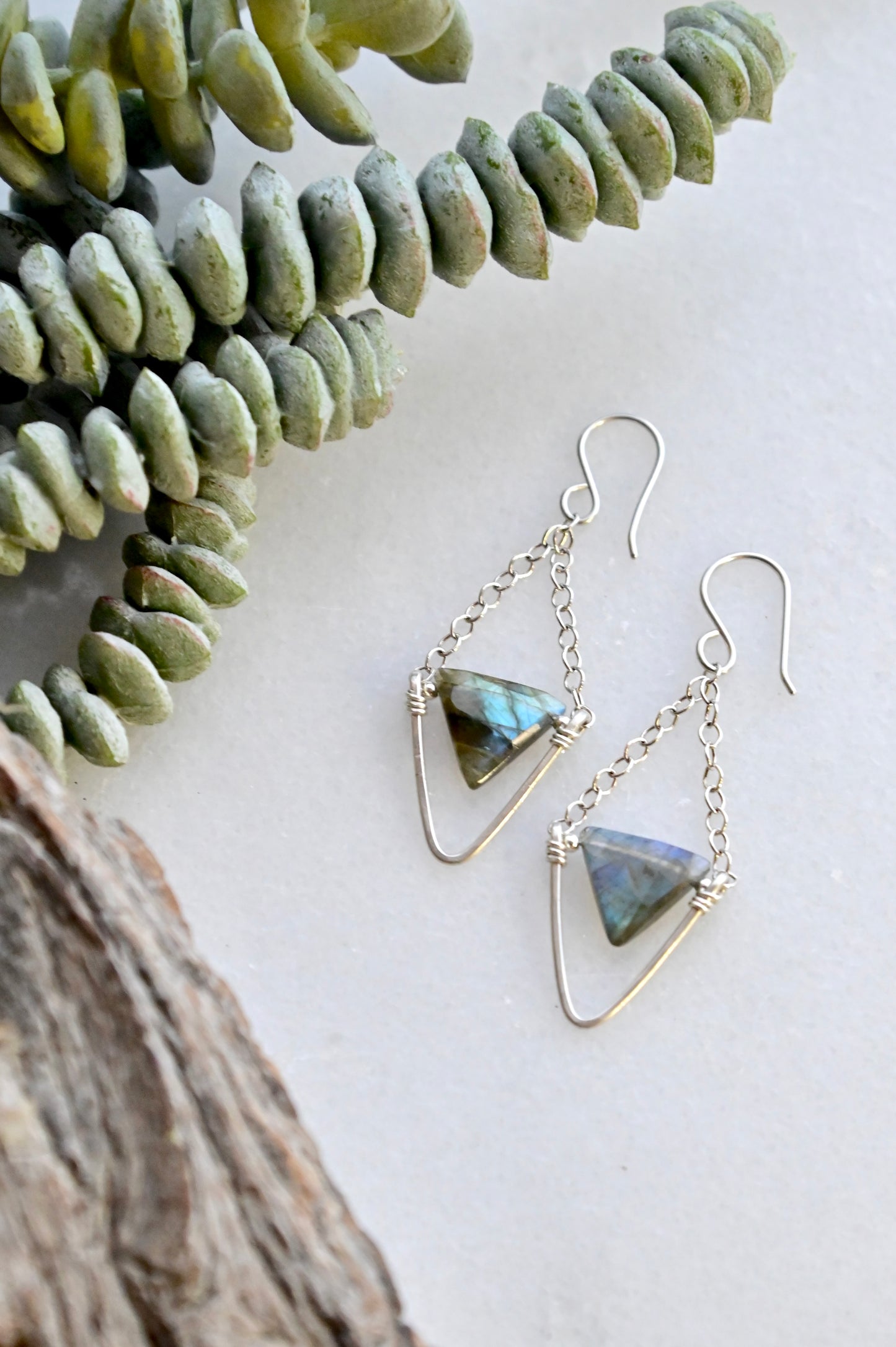 Hammered Hoops: Labradorite + Silver Earrings
