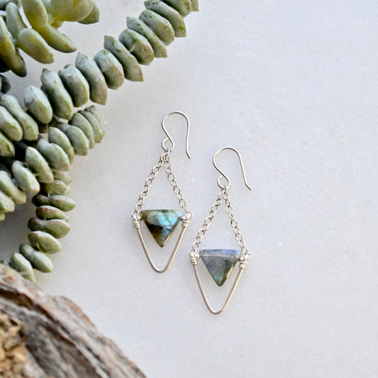 Hammered Hoops: Labradorite + Silver Earrings