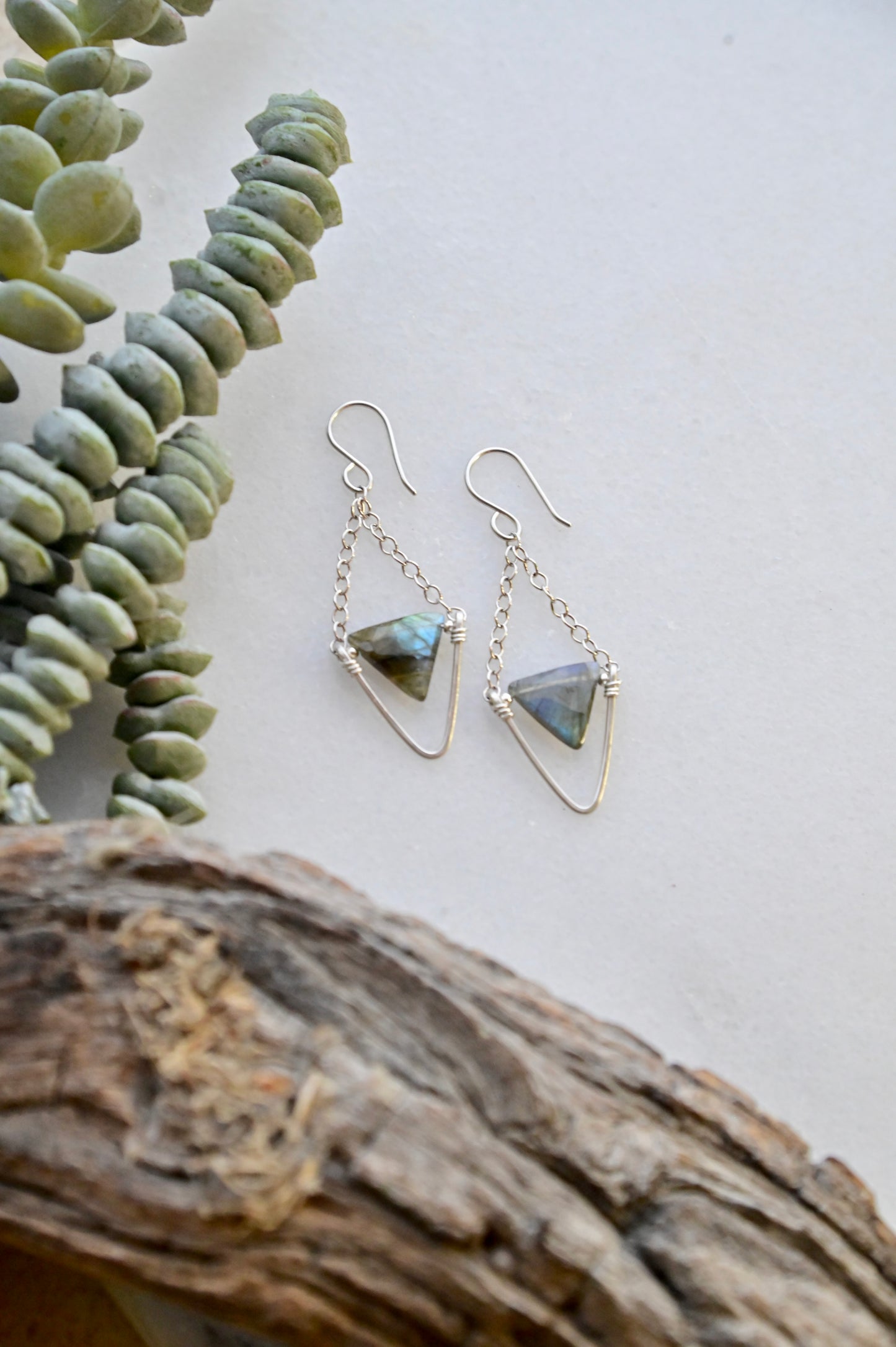 Hammered Hoops: Labradorite + Silver Earrings