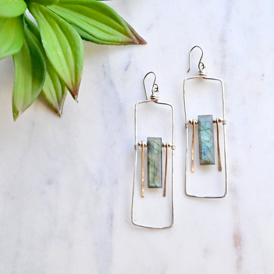 Hammered Hoops: Labradorite + Silver Earrings