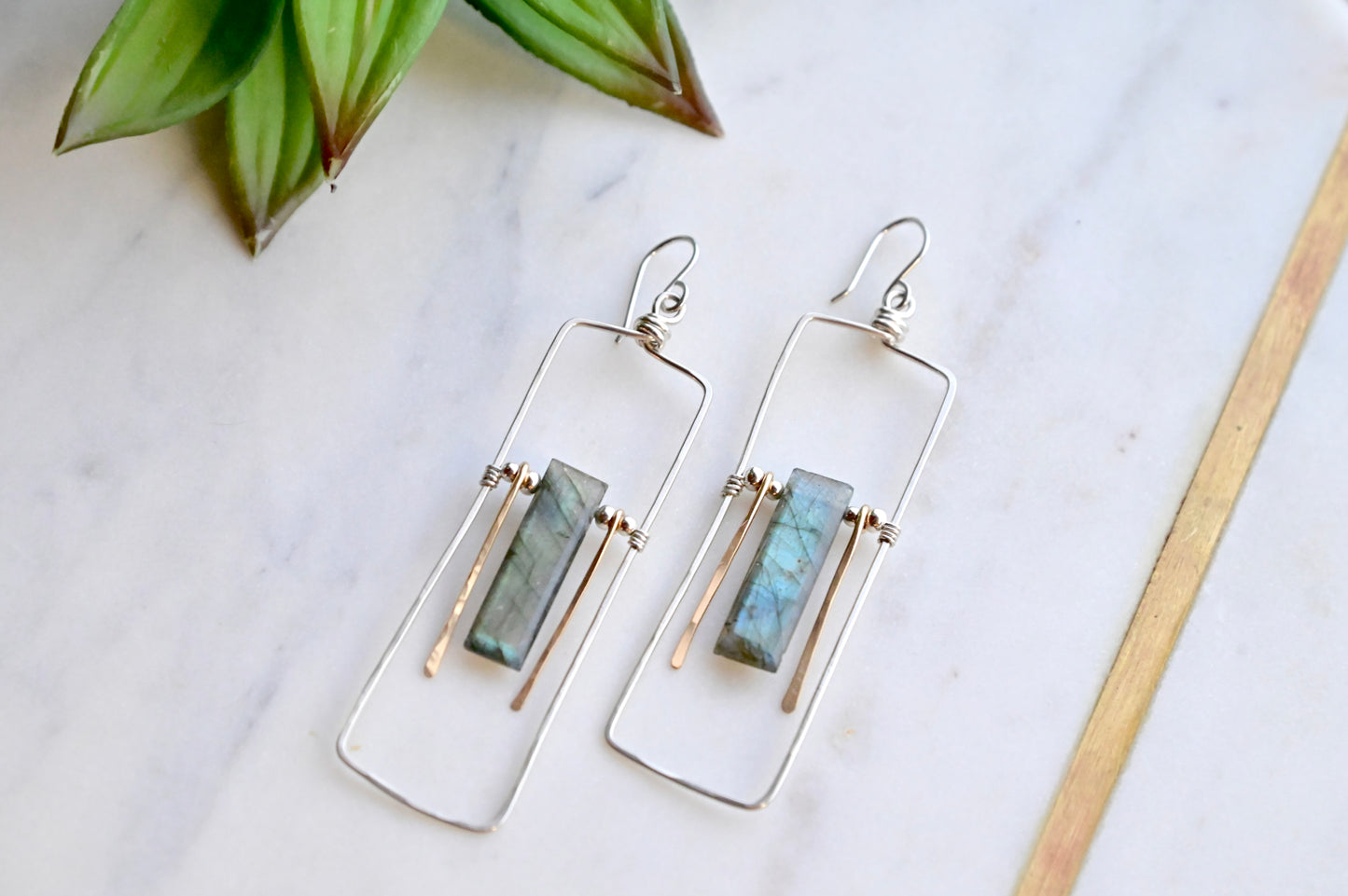 Hammered Hoops: Labradorite + Silver Earrings