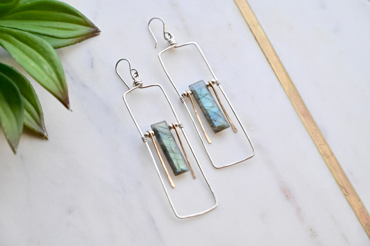 Hammered Hoops: Labradorite + Silver Earrings