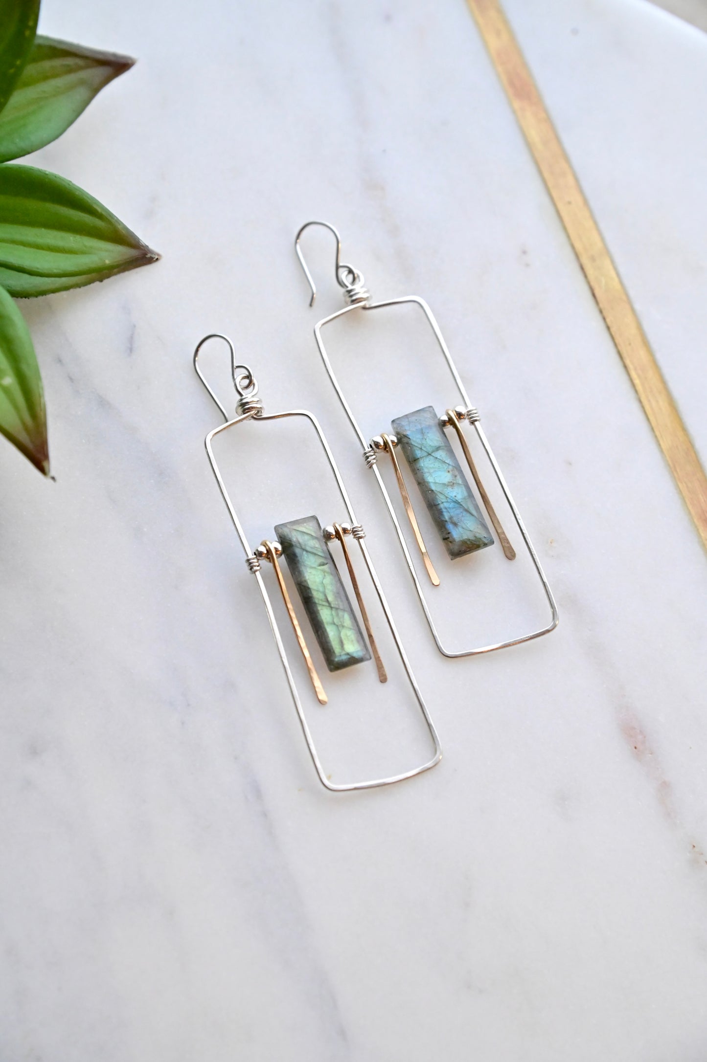 Hammered Hoops: Labradorite + Silver Earrings