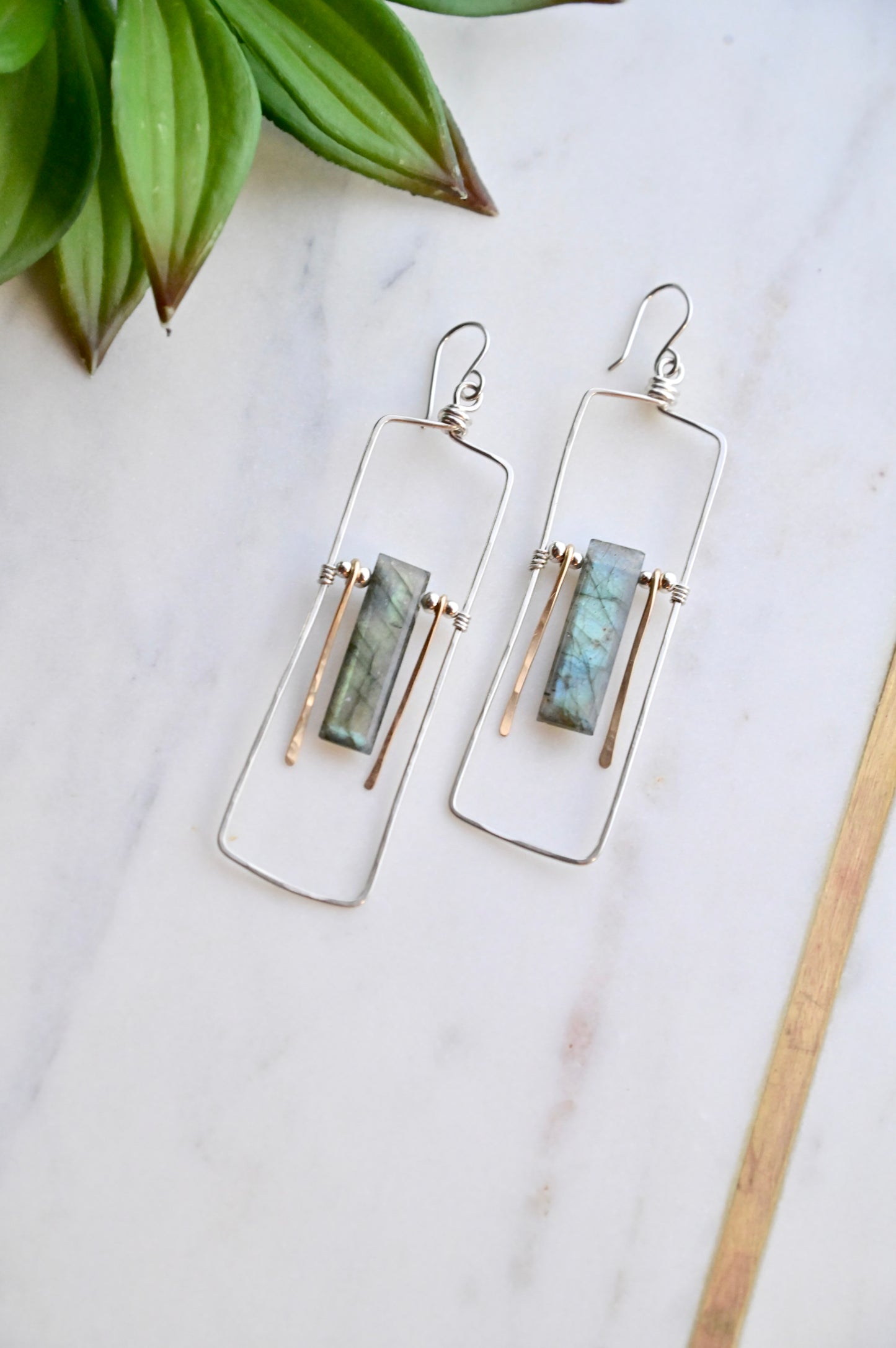 Hammered Hoops: Labradorite + Silver Earrings