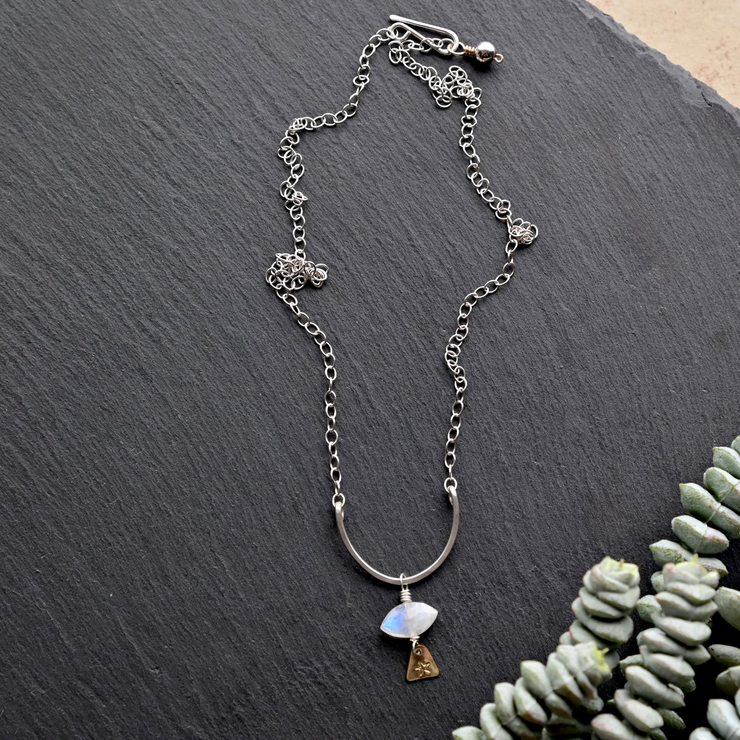 Hammered Hoops: Moonstone + Mixed Metals Necklace + Earrings