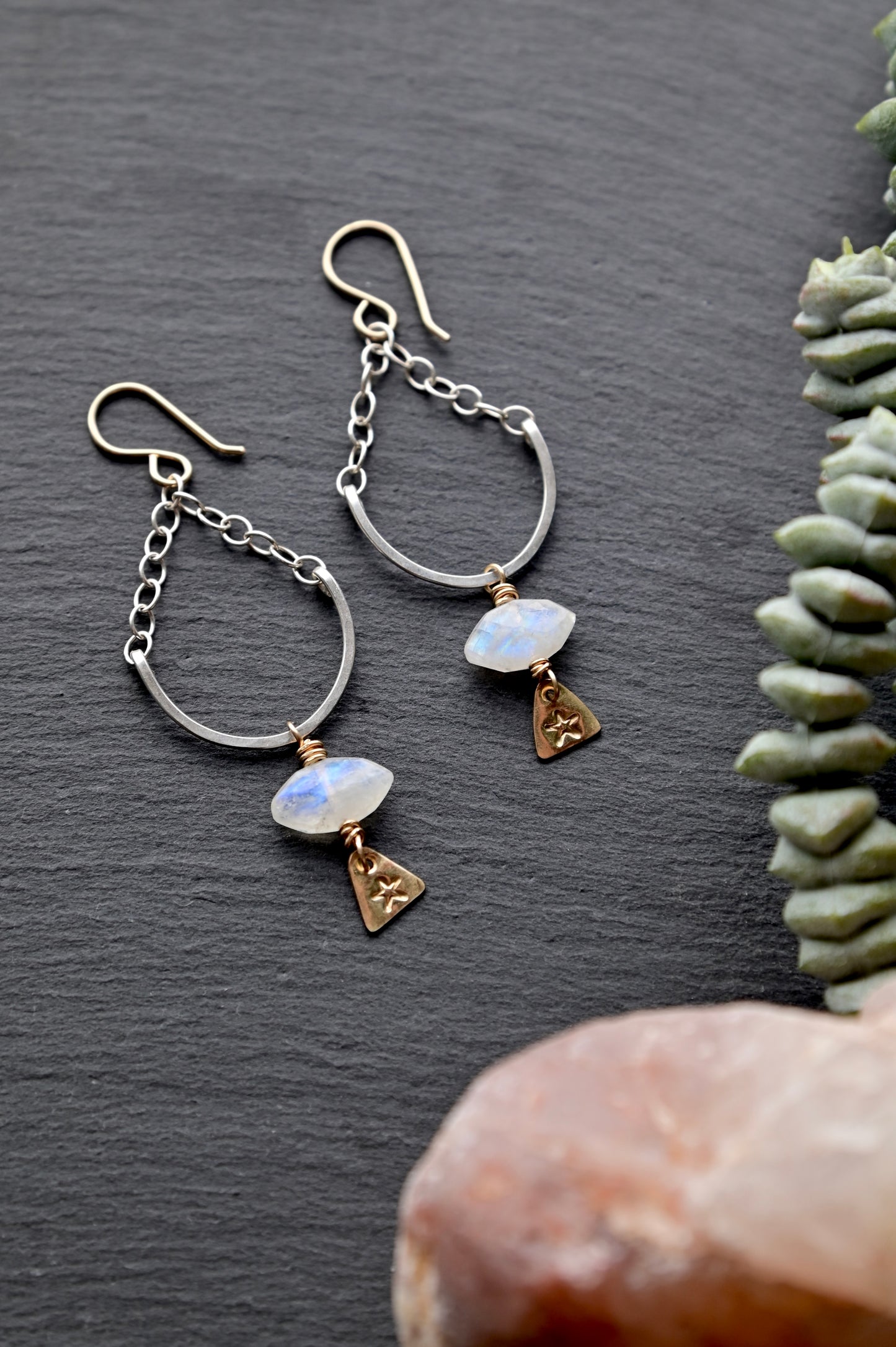Hammered Hoops: Moonstone + Mixed Metals Necklace + Earrings