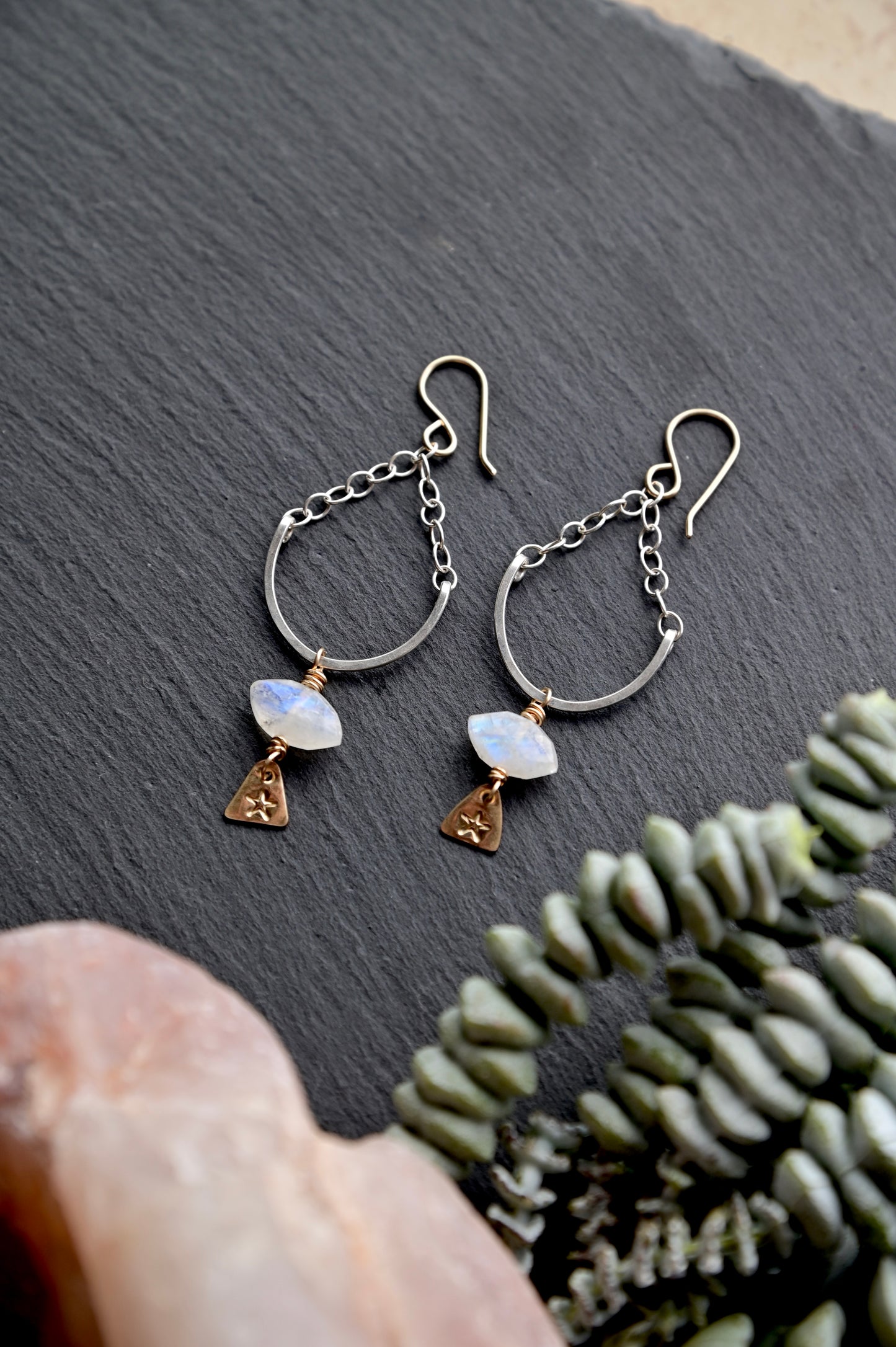 Hammered Hoops: Moonstone + Mixed Metals Necklace + Earrings