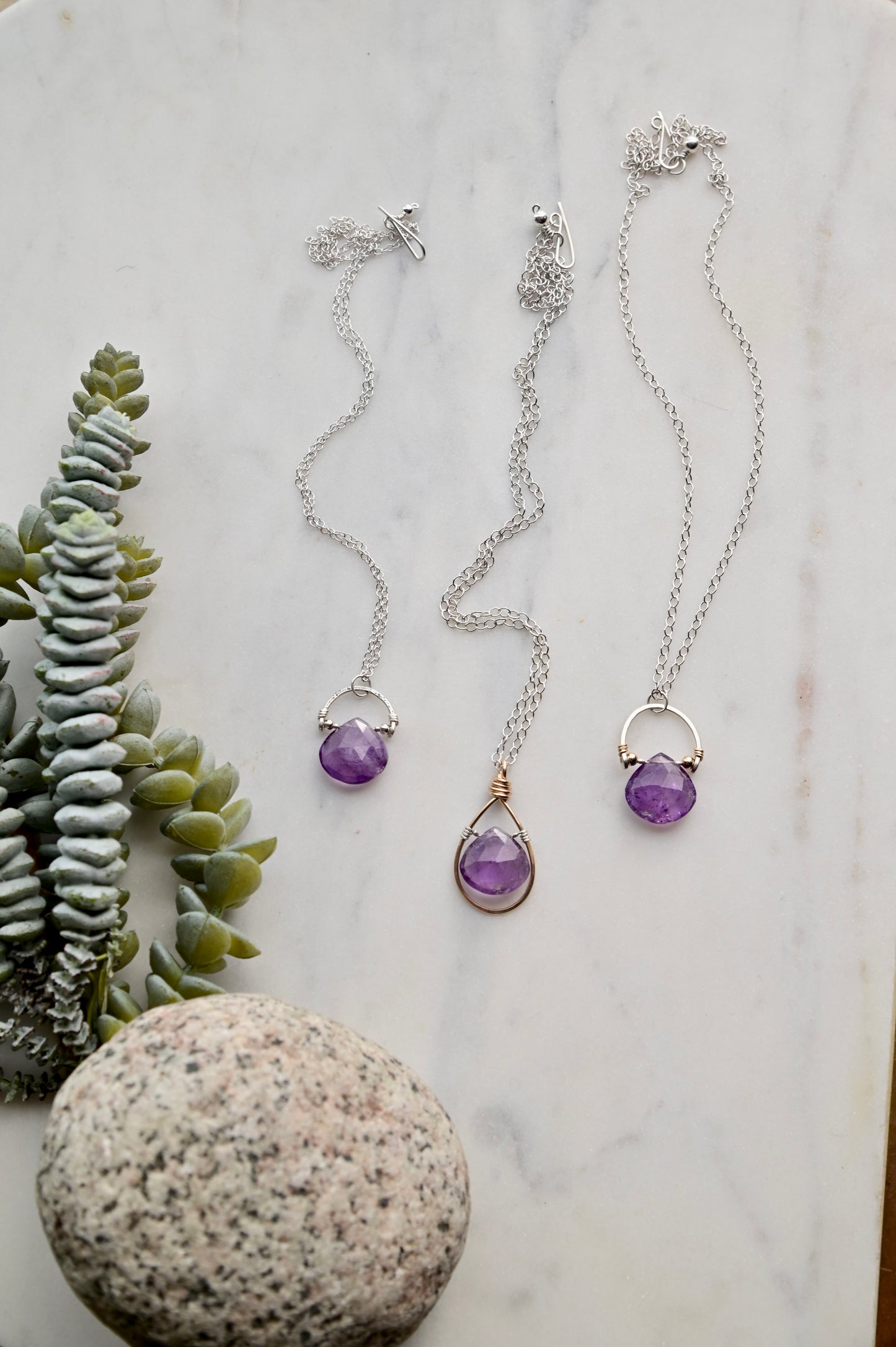 Hammered Hoops: Amethyst Amulet Necklaces
