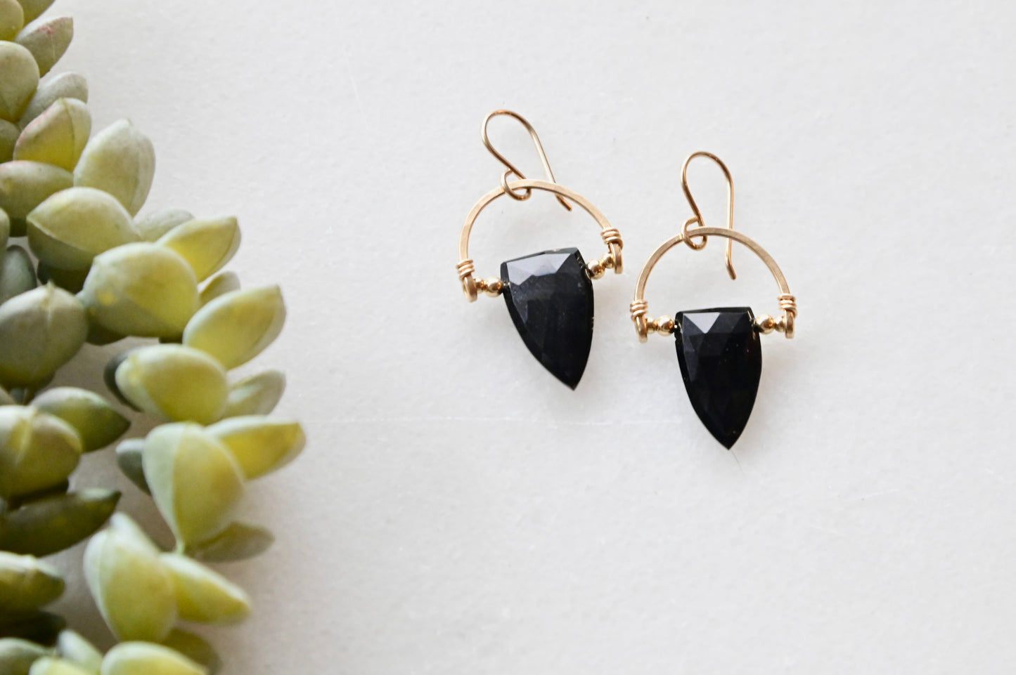 Hammered Hoops: Black Onyx + Gold Earrings
