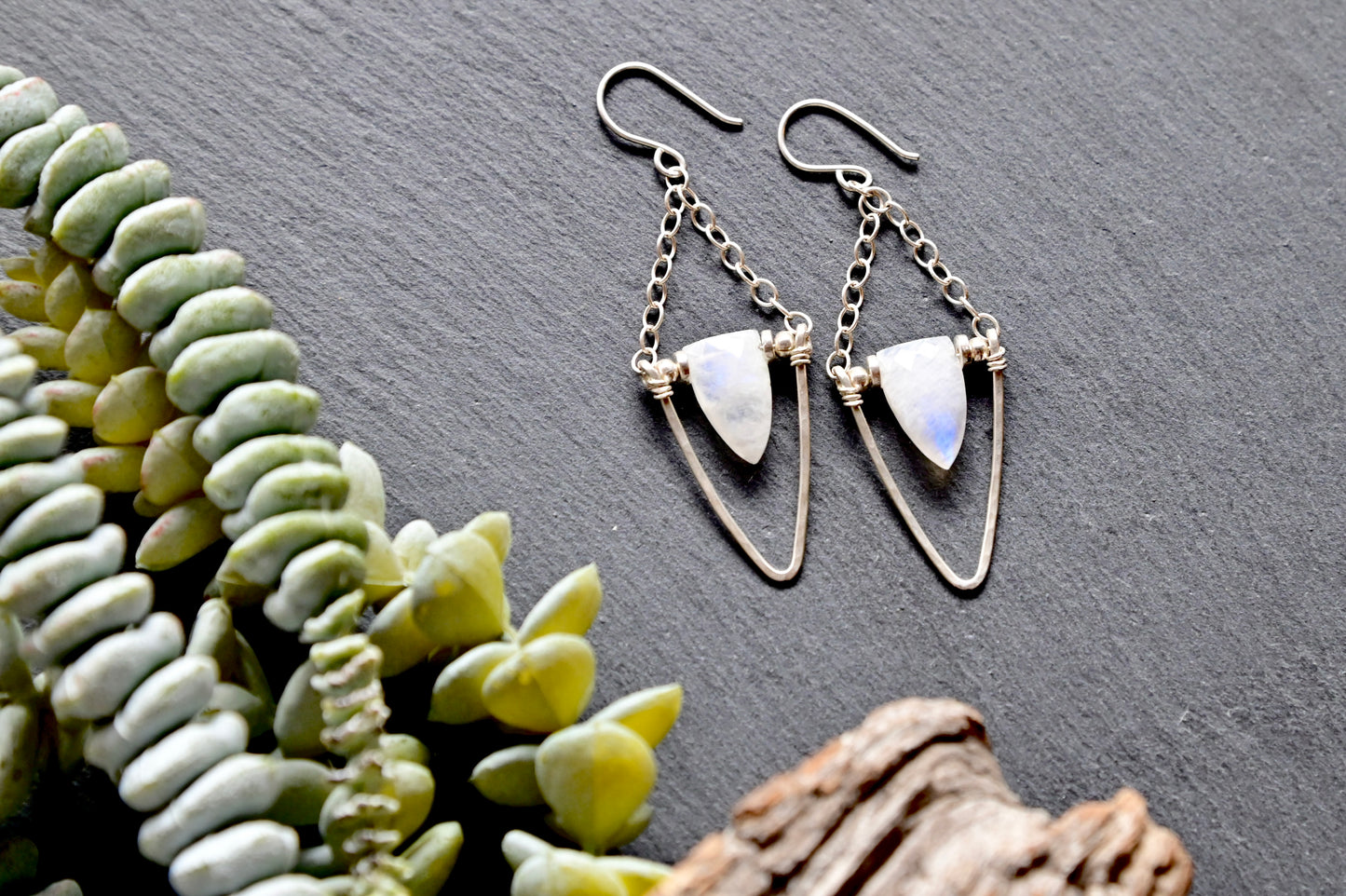 Hammered Hoops: Moonstone + Silver Earrings
