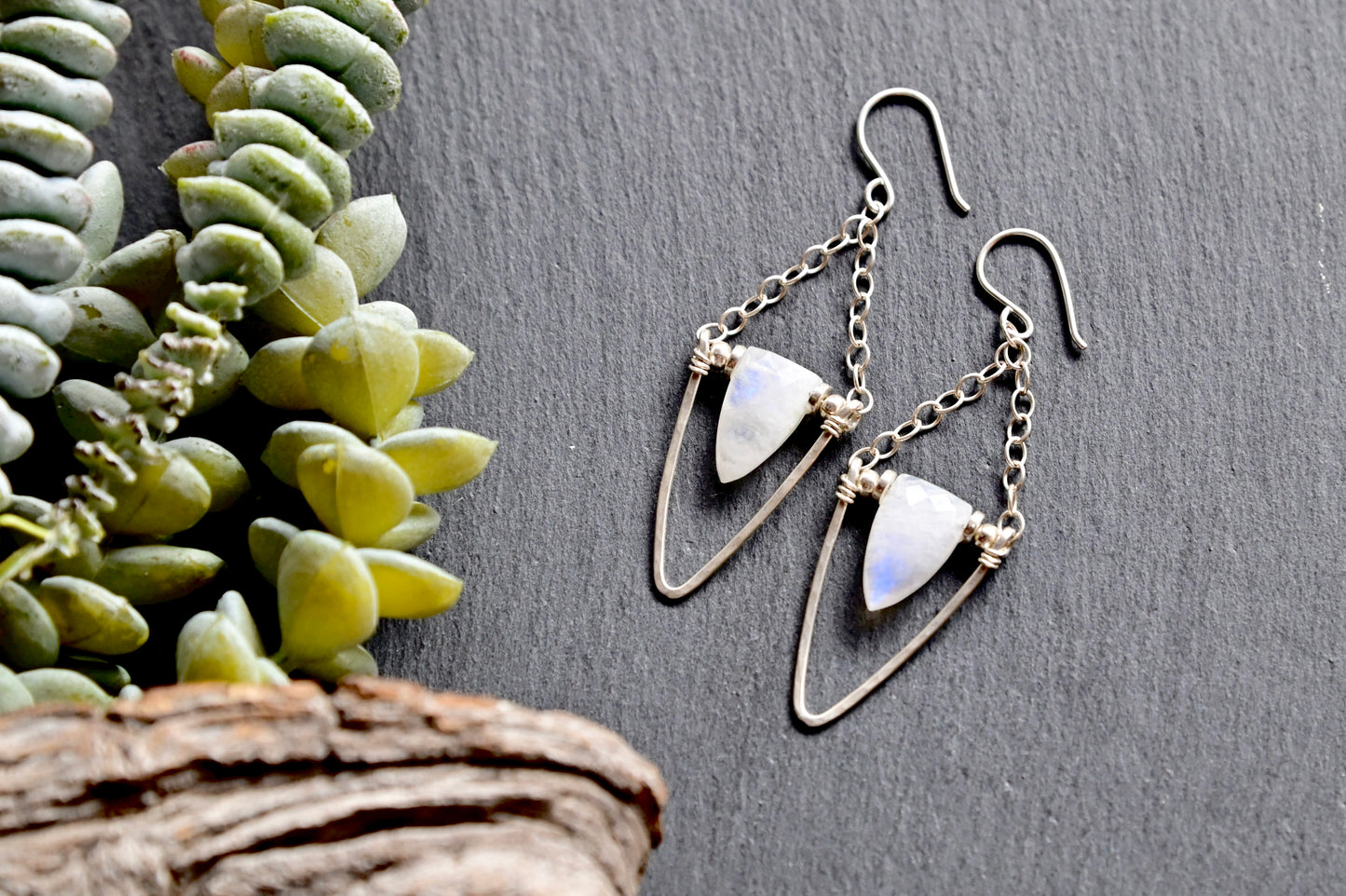 Hammered Hoops: Moonstone + Silver Earrings